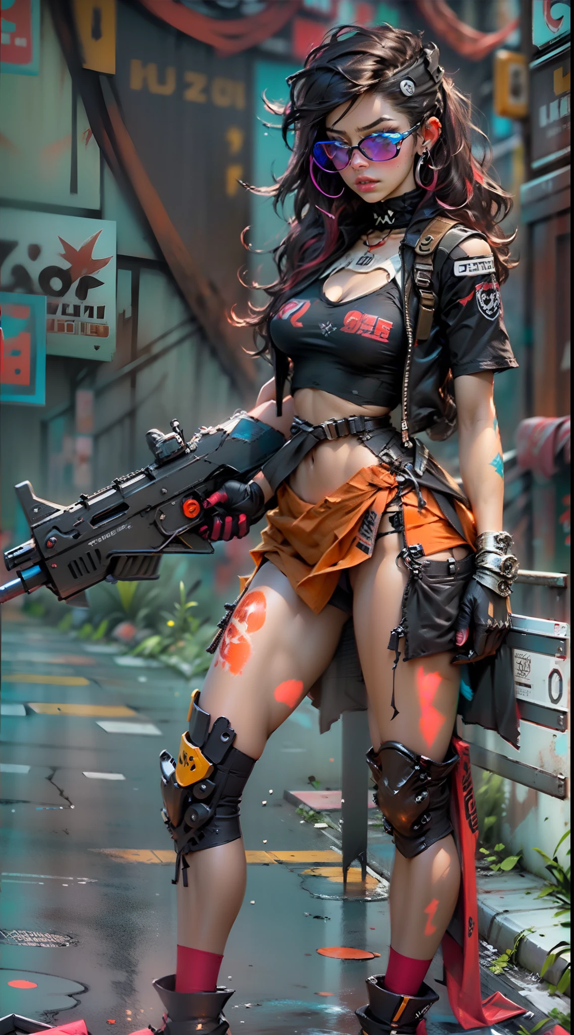 motor world,irreal:1.4,CG ultra realista 64K, fotorrealista:1.4, textura de la piel:1.4, obra maestra:1.4,Hermosa mujer con sombrero de pelo largo、pointing gun, futrastic gun, showing clevage, saggy breast,laser background, assault rifle, kalashnikov rifle, trigger_discipline, low-ready Ropa corta estilo cyberpunk bike,color amarillo, pantimedias red, sexzy elastic dress