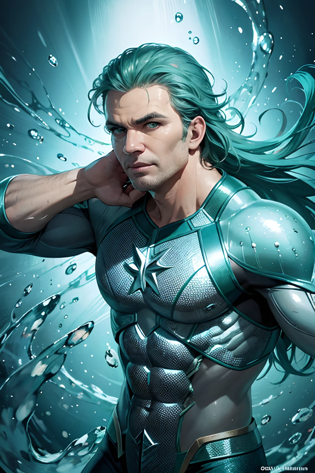 Realistic Art, Aquaman with a countenance of seriousness in a setting at the bottom of the lush ocean, observing the city of Atlantic highly technological --auto --s2