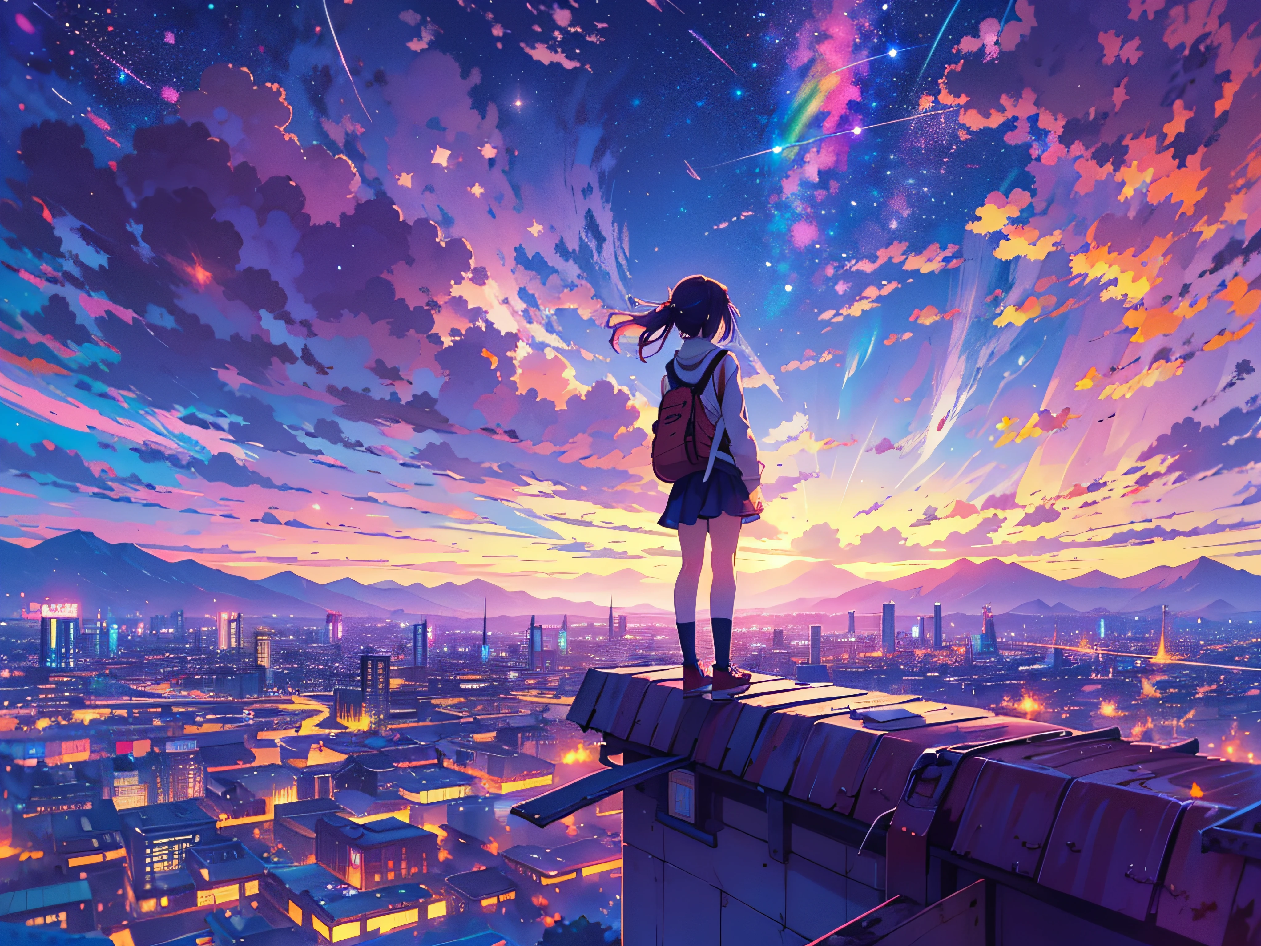 Anime girl standing on the roof looking at the night sky with stars and rainbow, Rainbow Starry Night, 4k anime wallpapers, Anime Wallpaper 4k, Papel de parede anime 4k, Anime Art Wallpaper 8K, Anime Art Wallpaper 4K, Anime Art Wallpaper 4K, estilo anime 4K, Makoto Shinkai Cirilo Rolando, 4 k manga wallpaper, anime wallpaper, paper awesome wallpaper, estrelas cadentes