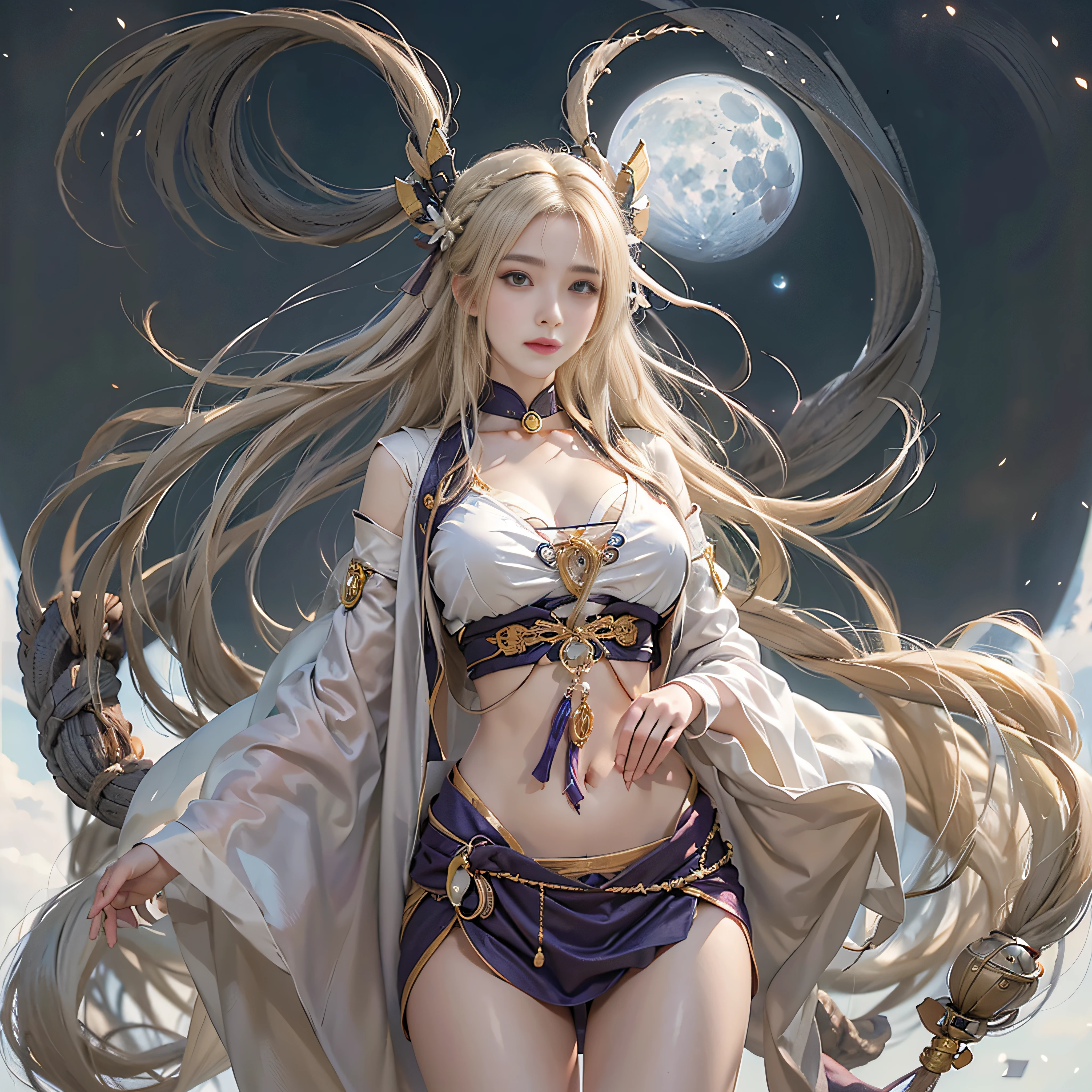 Photorealistic, High resolution, 1人の女性, hips up high, Blonde hair, Blunt bangs, 1 braid, Wide sleeves, Hair Ornament, Beautiful eyes, huge udder, Moon General Costume、full body Esbian、A bell hangs on his chest、Komono、A sexy、Overexposed