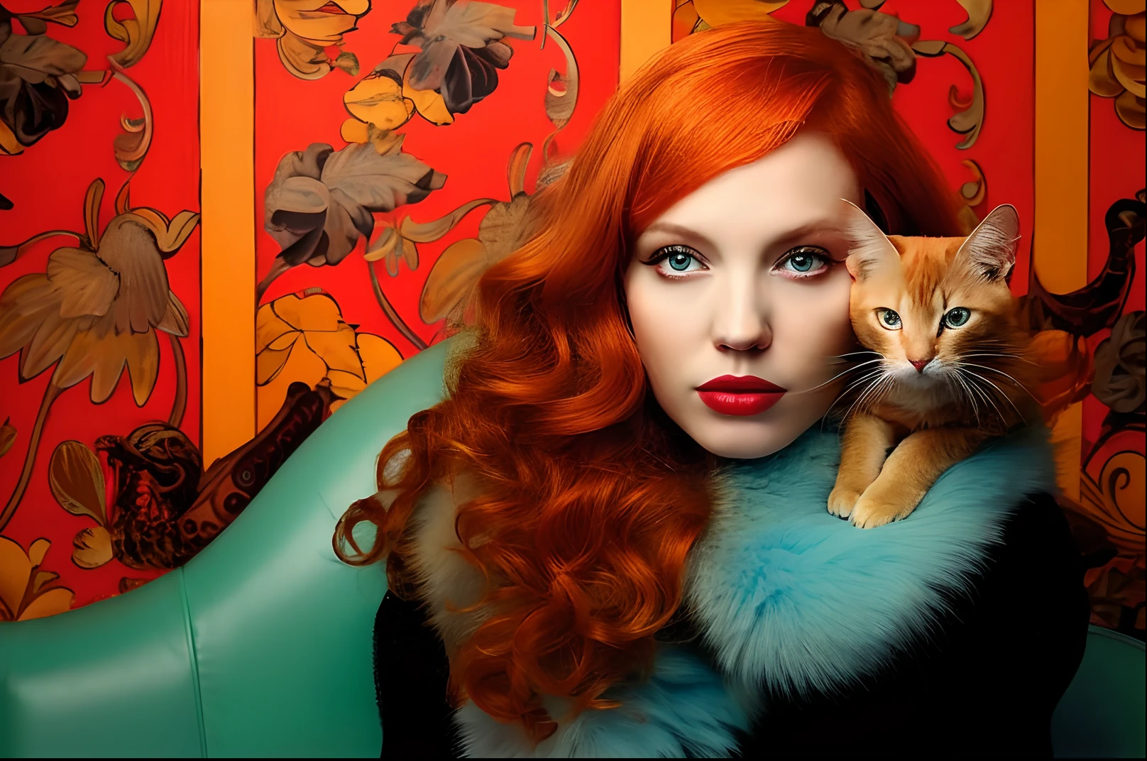 Angelina Jolie redhead with cat on shoulder in front of the wallpaper, ginger hair and skin, orange skin and long burning hair, with red hair and green eyes, ginger. art nouveau, with curly red hair, flowing ginger hair, by Galen Dara, ginger hair, red-haired girl, red-haired woman, blue and red tones, glamour of portrait color, red head, red curly hair