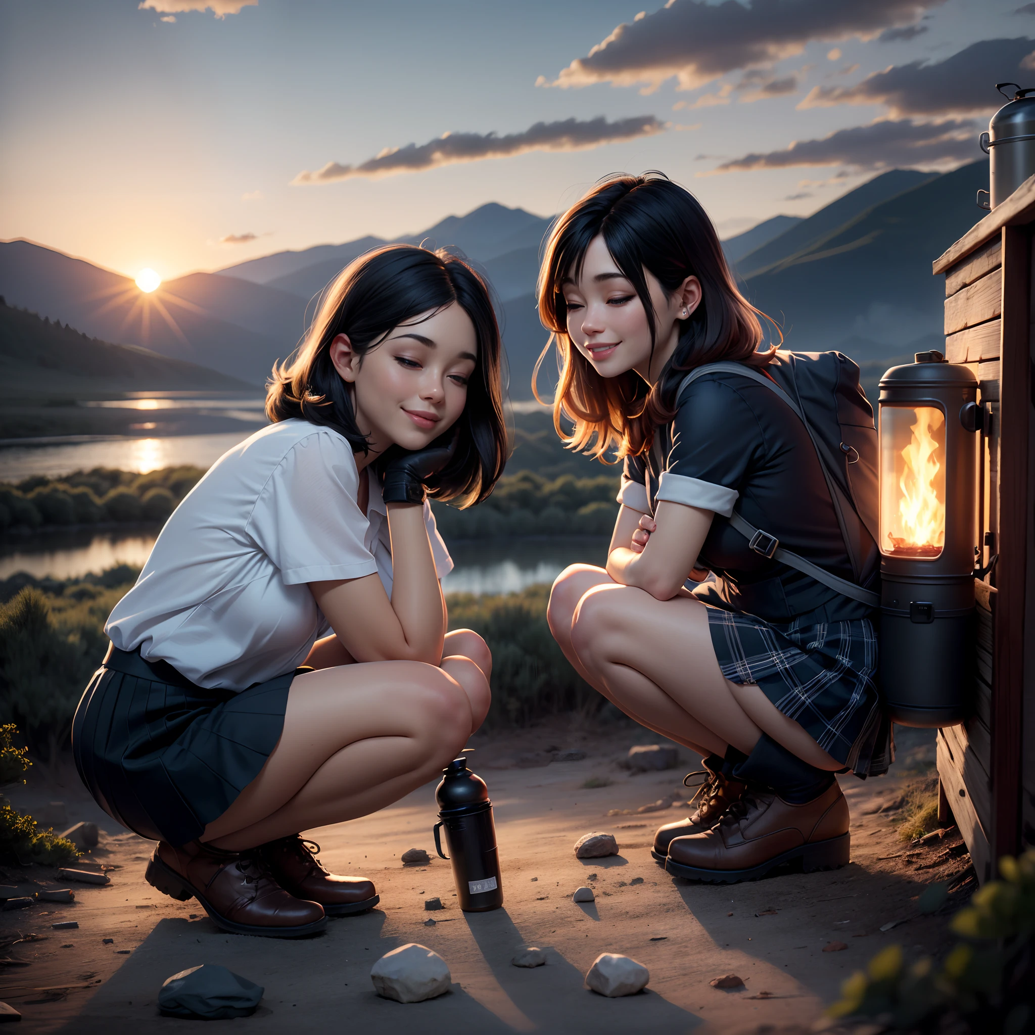 1 woman, black hair, skirt, cold blouse ((full body, crouching, smiling, happy)), masterpiece, best quality, perfect eyes, perfect hands, perfect legs, ultra-detailed, solo, outdoor, (sunset), mountains, nature, (stars, cloud) cheerful, happy, backpack, sleeping bag, camping stove, water bottle, tennis, gloves, flashlight, forest, stones, river, wood, smoke, shadows, contrast, style, (warm hue, warm tone: 1.2), cinematic light, side lighting, ultra high resolution, best shade, RAW, wooden house, campfire