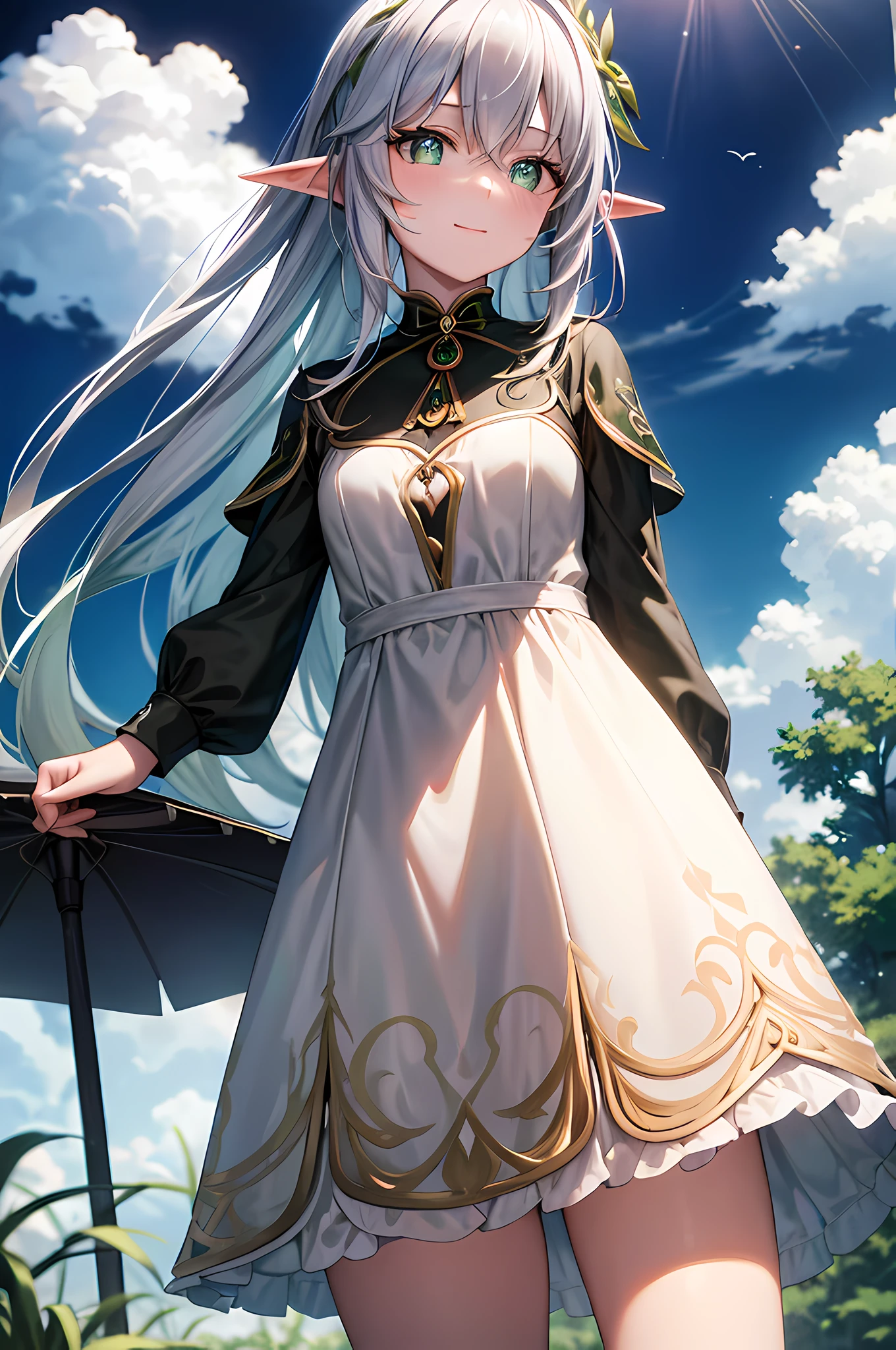The elf stands and looks at the camera, A girl stands at a fair, green eyes and white hair, The wind lifts the skirt, You can see the underpants, blue skies, Beautiful clear blue sky, green hairpins in the hair, skinny waist, Slender figure, Appearance of the model, confusion, sexuality, nahida, pixie, elf ears, Beautiful ears, green colored eyes, People's casual clothes, black clothing, pantyhouse, black tights, little chest, You can see the, Upskirt, black clothing, White underpants, Elf Girl, Sweet girl, attractive anime girl, beautiful anime girl, Cute beautiful anime woman, detailed digital anime art, beautiful anime girl, beautiful anime girl, Anime with small details, Best Quality, Masterpiece, Ultra-detailed, Beautiful, hight resolution, Original,CG 8K ультрареалистичный, perfect artwork, beatiful face, Face Clean, Skin, hyper realistic, Ultra Detailed, A detailed eye, dramatic lighting, (Realistic) Realistic, Full HD, Best Quality, Best Quality, Beautiful lighting, (8k wallpaper of extremely detailed CG unit), High Details, sharp-focus, The art of dramatic and photorealistic painting, beautiful smile, nude,