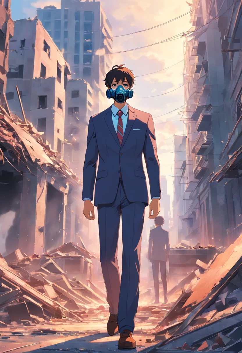 Man in suit and gas mask in destroyed city with toxic gas around