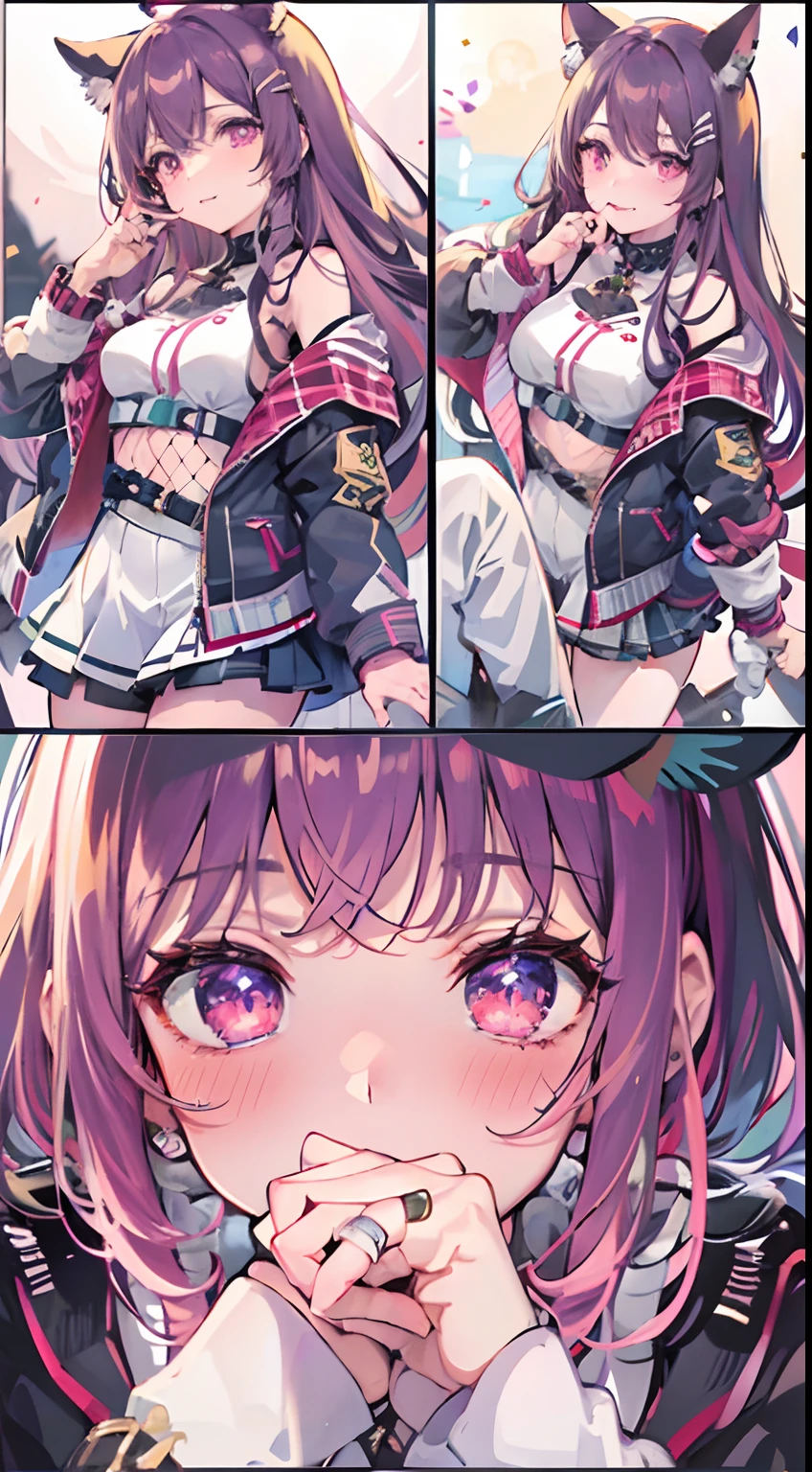 masterpiece, of the highest quality, Highly detailed,The best shading、
Beautiful anime face and eyes, full body Esbian, Standing, Good posture,、Hold up your little finger、Glowing skin, ear piercings,Shorthair,Side tail、Bangs that hide the eyes、Cool Face、Petite、Hanging、Animal ears、 plug、
Gold Hair Color, Hairpin,(A smile:0.8),(embarrassed from:1.1)、Purple eye color、Hanging、normal hands, Colossal tits, Ring-shaped bangle on left hand, Choker,hair pin、Thin ribbon、
Idol jacket、Sheer shirt、Leather Plaid Pleated Skirt、fishnet tights、Navel、clothes shiny、Ring overhead、
Night, fullmoon, starrysky、Scattered light particles, Blurry background image,