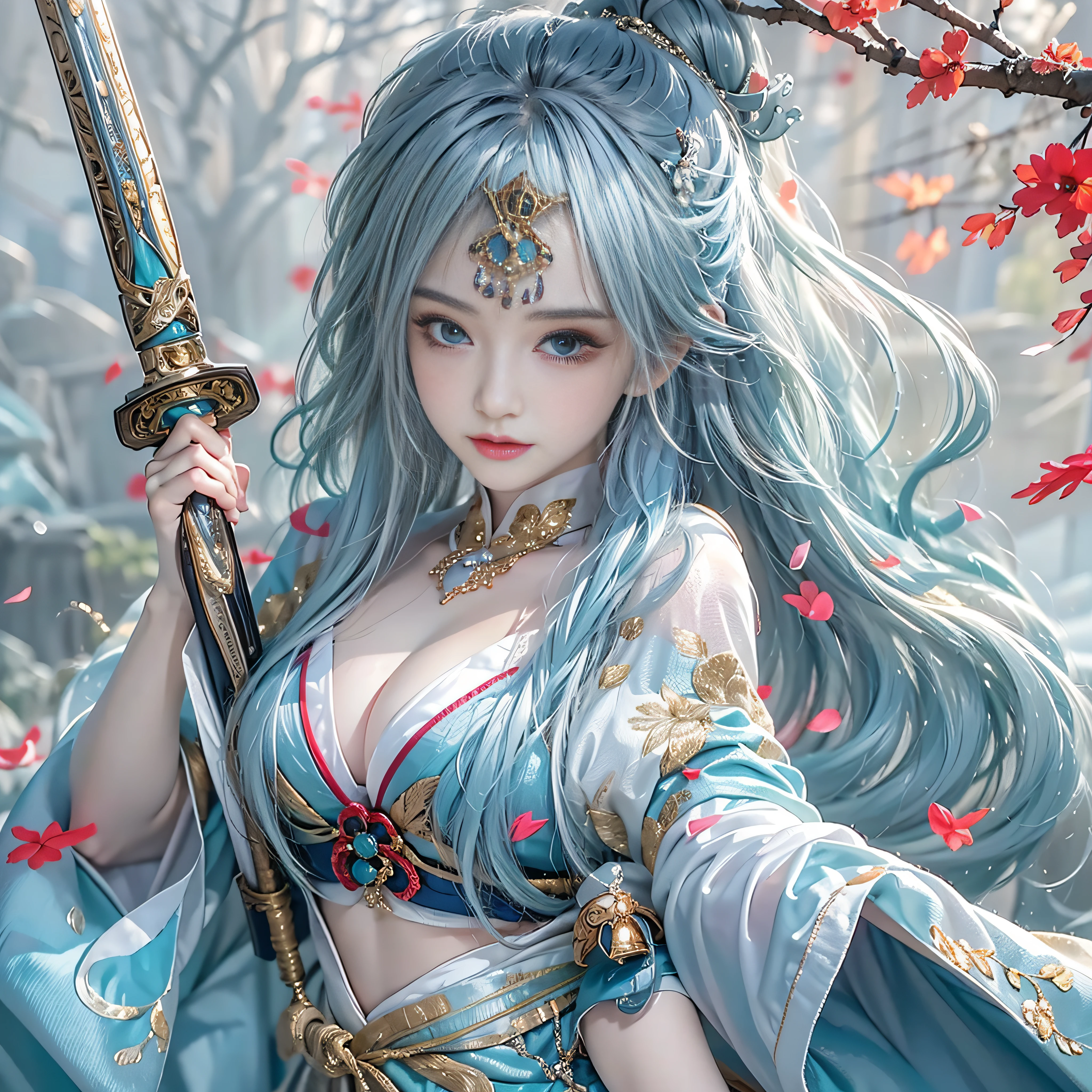 （（Jeizuo））），（（（best qualit））），（（ultra-detailliert）），（A hyper-realistic），（High Definition CG Illustration），Movie Light，Lifelike，（ganyu），Very beautiful young lady，Whirlwind，A bell hangs on his chest，（Beautiful face and lips），Light makeup，Intricate Details EBA，lightblue hair，blue cloak，Popular on ArtStation，Big thighs，fully body photo、Japan holding a sword in his hand、Japanese dress、Colossal tits、Japanese style costume
