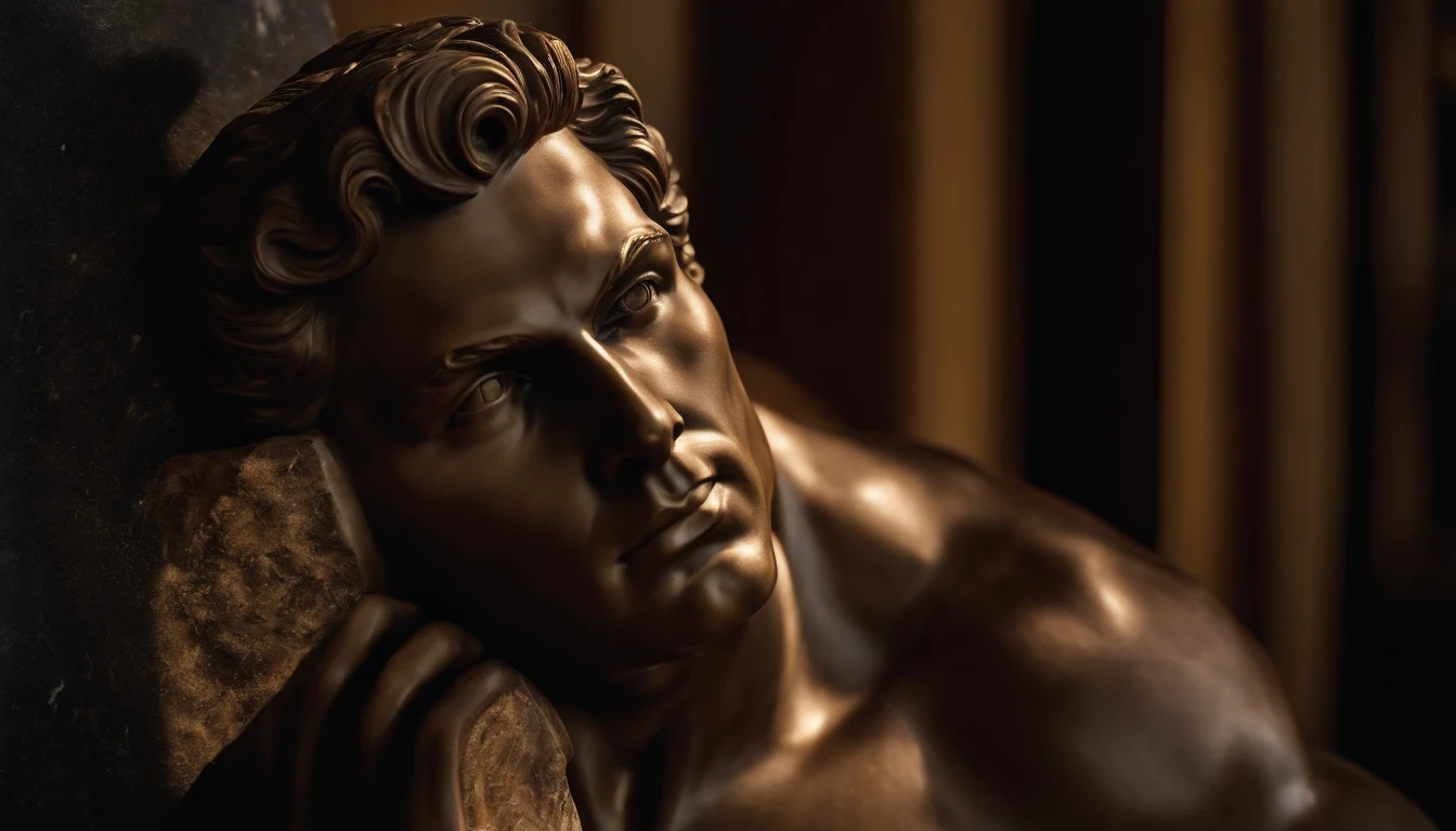 A golden statue of a man thinking whole touching his chin and and sitting, dramatic lighting