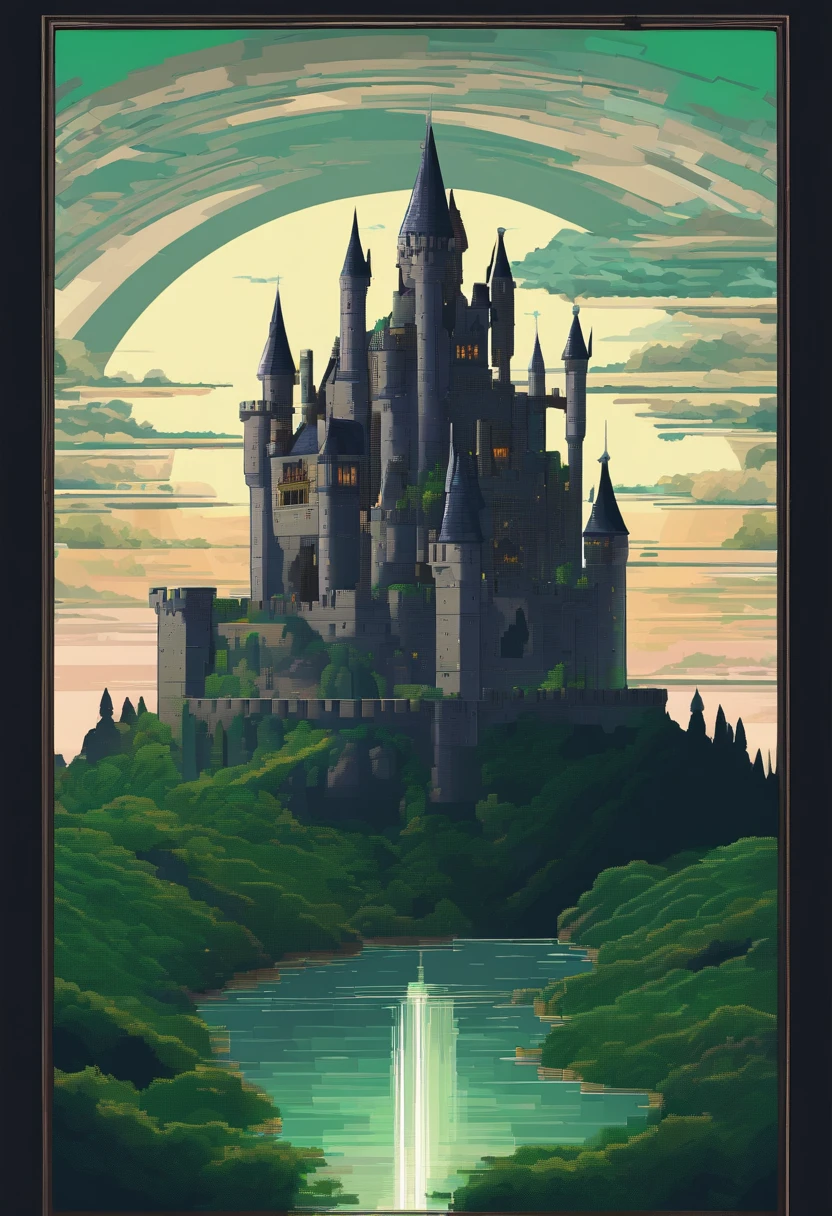 gigantic castle style anorlondor, Black color with dark gray details, prismatic windows, at dusk, floating castle, over an immense green valley with a beautiful river, 4k HD, high definition.