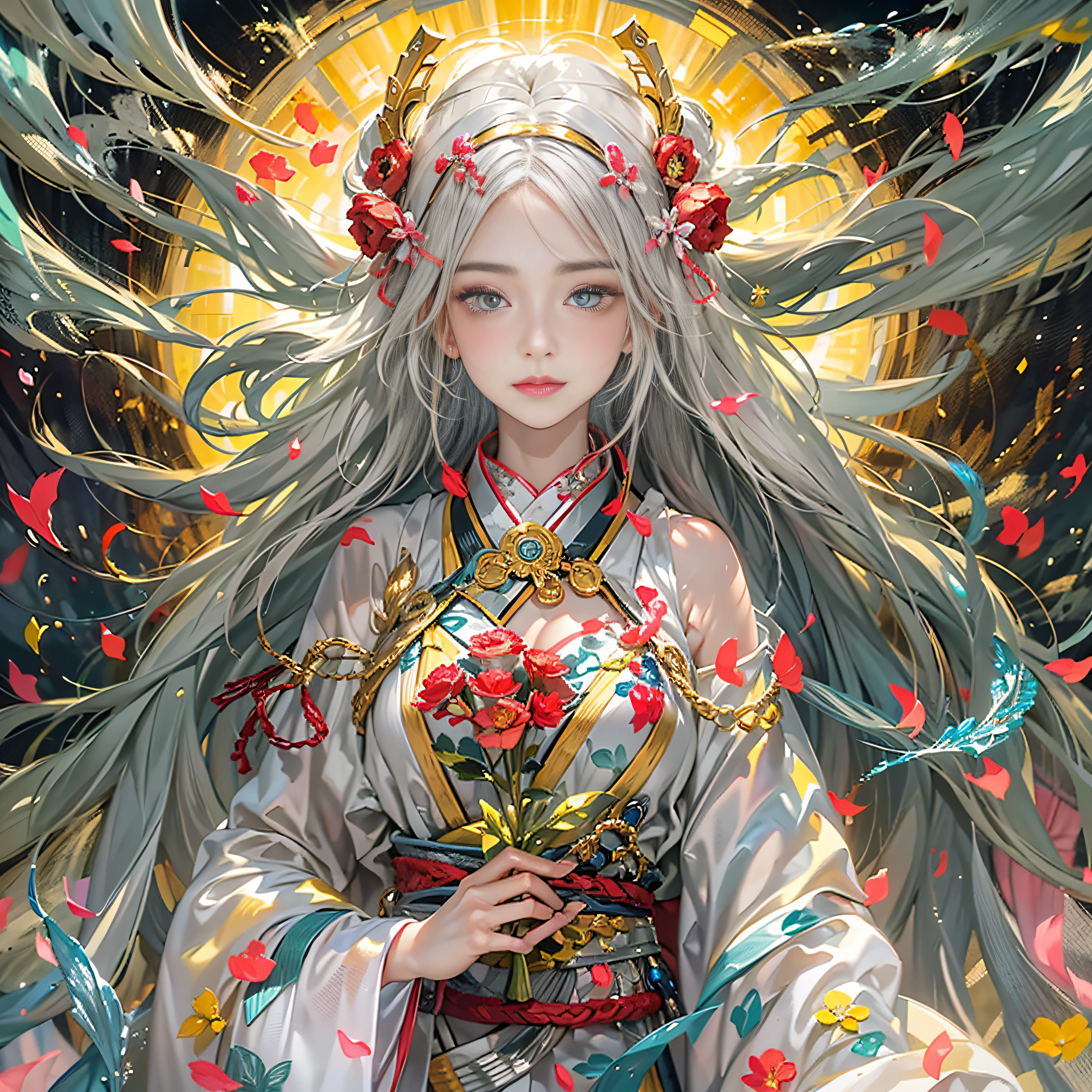 (masterpiece:1.2)、top-quality、(illustratio:1.2)、ornate decorations、(Masterfully crafted Glow、lensflare)、(ultra-detailliert)、Hyper-detailing、(delicate detail)、(intricate detailes)、(Cinematic Light、best quality backlight)、(Bioluminescent hair)、(radiant eyes)、(Dynamic:1.2)、((make - up))、absolutely eye-catching、prehistory、((Splash of colorful paint on background、dulux、))、((coustics))、dynamic ungle、(魅惑的)、(Intricately detailed cinematic:1.1)、Ambient Occlusion、ambient lights、ray tracing reflection、(The best lighting、extremely delicate and beautiful)、((Movie Light))、colourfull、powerfull、(Cinematic Masterpiece)、big dreamy eyes、perfectly proportions、perfectly drawn face、albedo、White hair、chain、comfy、Intense days々々々々々々々々々々々々々々々々々々々々々々々々々々々々、golden sky、seductiv、illustratio、Angels everywhere、yellow eyes、A red rose、chains、splashes of colour、smooth soft skin、the golden hour、Atmosphere、a park、nobara、bullets、Breathtaking、Ambient light coming from the sky、 chain、godrays、The halo、beautiful intricate colored hair、Symmetrical and soft lighting、concept-art、digitial painting、Take a peek at the scenery、realistic reflection、Soft and warm glow coming from tracers everywhere Amaterasu , Incarnation of the Sun, Supreme God of Japan, The god of ancient Japan and the deification of the sun. Ancestors of the Emperor of the Japan, Shinto deity of Japan, Amaterasu Colorful、highestdetailed Tsukiyomi Dojin, Tsukiyo Mizun, Moon incarnation, Supreme God of Japan, The god of ancient Japan and the deification of the moon. Ancestors of the Emperor of the Japan, Shinto deity of Japan, Amaterasu's sister, The background is the Japan shrine sisters, The background is a shrine of Japan Colossal tits plump udder