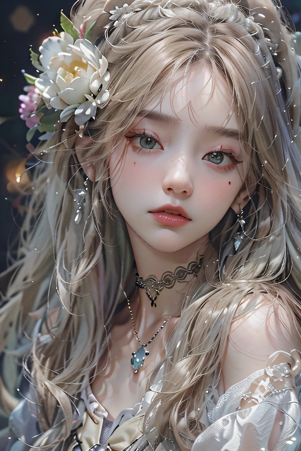 (Hyper-realistic) , (illustratio), (Increase the resolution), (8K), (RAW photos,best qualtiy),(realisticlying,photograph realistic:1.3),best qualtiy,highly detailed,tmasterpiece,Hyper-detailing,( the wallpaper), (详细的脸), 独奏,1girll,Moyou,Realistic, Universe, Lucy was wearing a full dress, hair flower, hair scrunchie, hair adornments, ribbon, Ribbon trim, Lace trim, necklace, jewelry, bangle, Stud earrings, choker necklace,Fantasyart,photographrealistic,动态照明,art stations,poster for,Volumetriclighting,Very detailed faces,4 k'',Award-Awarded,,1girll,in the darkness nigth,deep shading,low tune,Cowboy photos,(formal outfit:1.4),long whitr hair,whaite hair,