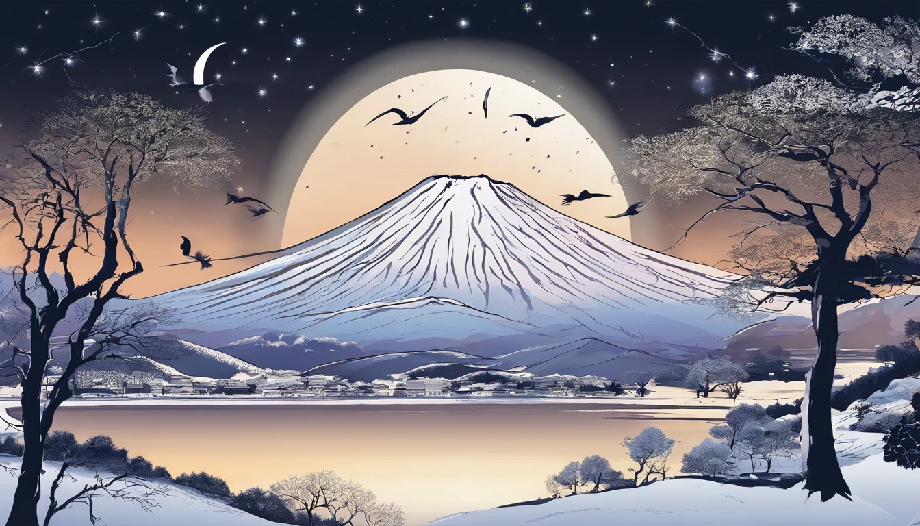 New Year's card、Mt fuji、morning glow、grand、Dynamic landscapes、New Year’s Day、1 moon、a picture、realisitic
