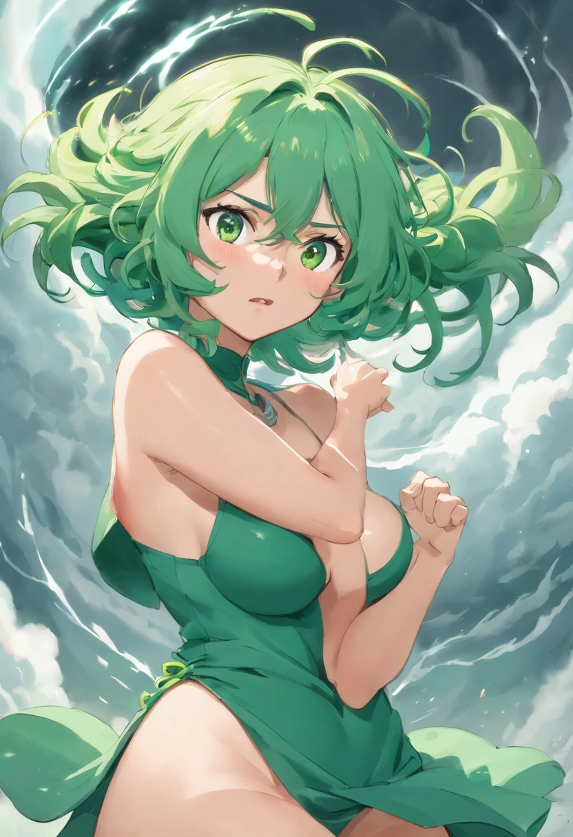 Tornado from One Punchman, Sexy, Cute, having sexual intercourse, she is sweating, she is having an orgasm, she has Green hair, and a dark green body-revealing-dress.