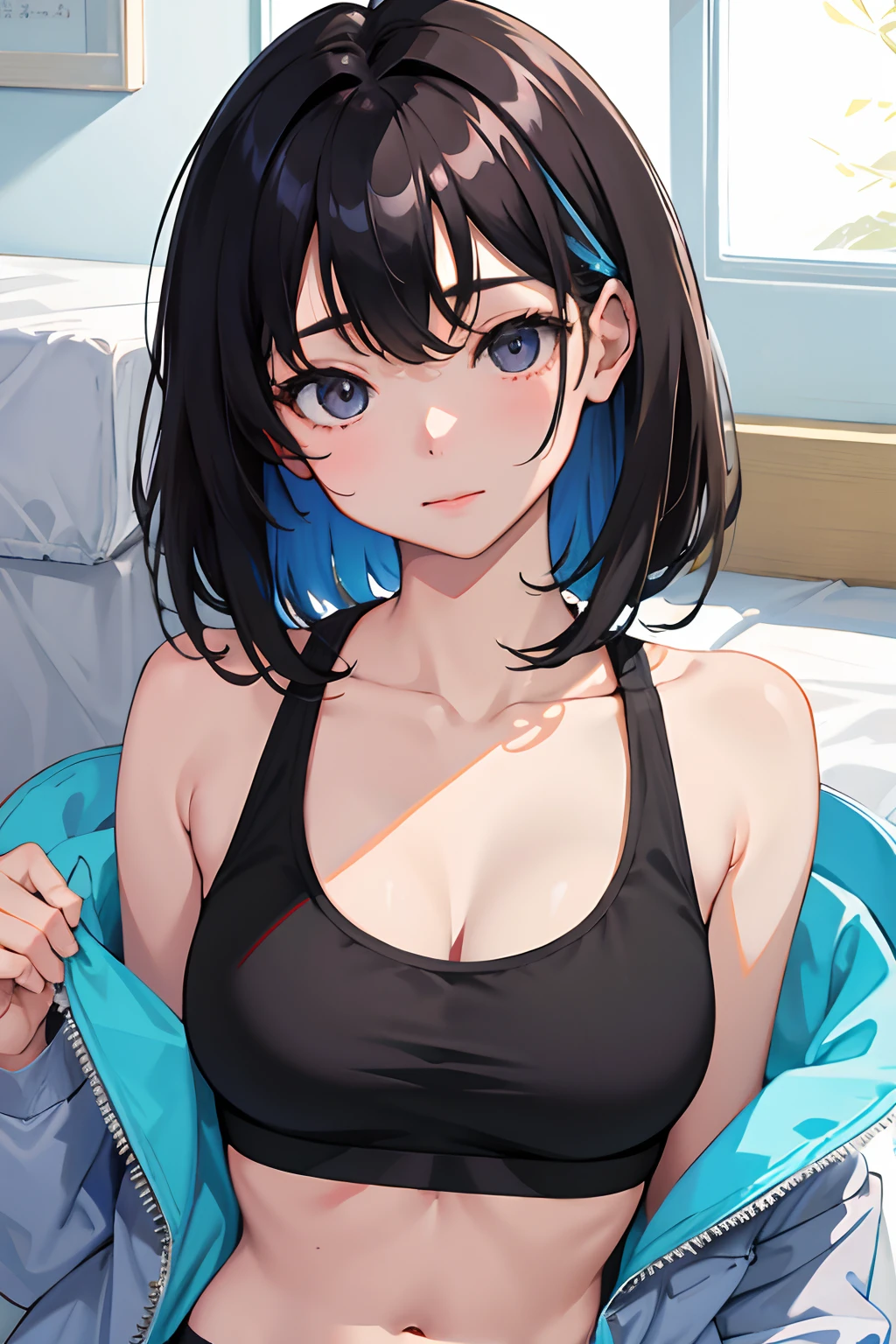 (masterpiece,Highest Quality),,小柄,A dark-haired,Medium Hair,Light blue sports bra