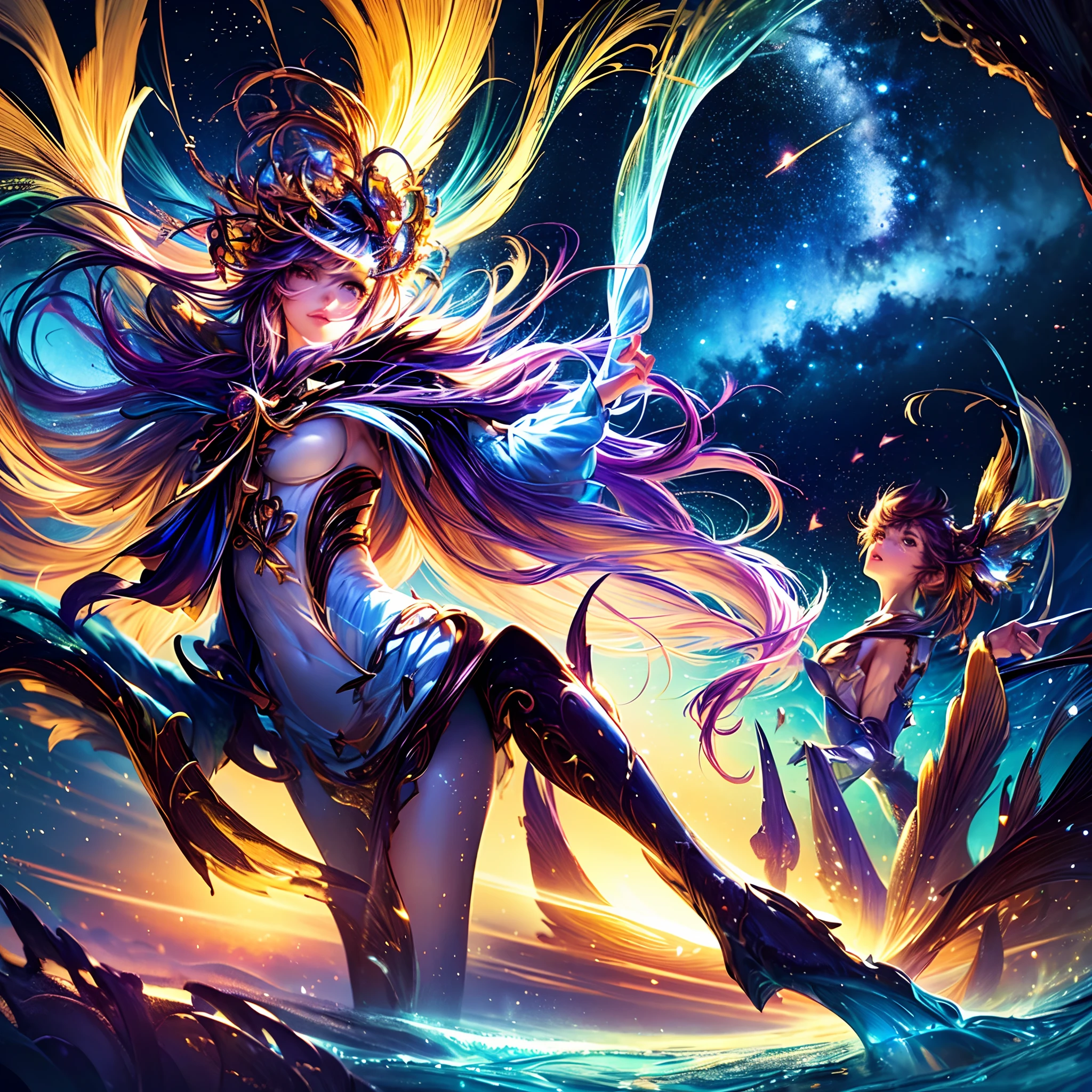 high detailed intricated concept art trending artstation 8k, by makoto shinkai, stanley artgerm lau, wlop, rossdraws, describes a scene in which a cute girl character, a grassy butterfly, is lying on water and flying around, looking up at the starry sky. surrounding her with colorful nebulae and her favorite constellations.