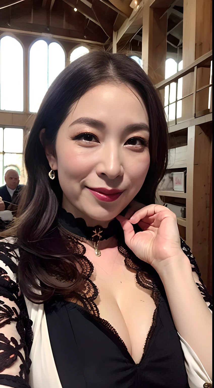 ((midnight, Need, 8K, tmasterpiece:1.3)), A whole body, Long legs, Focalors:1.2, Plump body, perfect figure beautiful woman:1.4,((Dark brown hair, huge tit:1.2 )), (low chest, deep v big breasts, Silk stockings, openwork Silk dress, Cartoon dress), ((In church, crosses)), crowd of, Highly detailed facial and skin texture, There are a lot of people, A detailed eye, 二重まぶた,largeeyes,adolable, married woman, Large breasts, Smile with, Bigger breasts, Wavy hair, Rose flower, Get wet, Sweat profusely, Red lips, Hot dance, Large bust, huge tit, Wear earrings, wearing a choker, Wear a bracelet, Noble beauty, Beautiful breasts, Full Tits, White skin, Hot, Charming, eye shadows, seductiv, Hot beauty, Raised sexy, gigantic cleavage breasts,