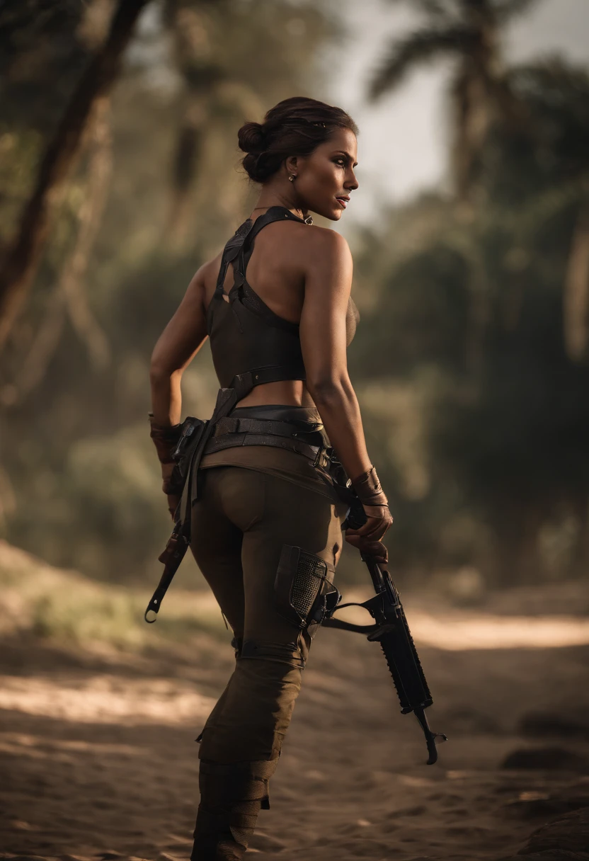 Gere uma imagem detalhada da personagem Mara, also known as 'Mara Death Dealer', do jogo Call of Duty: Guerra moderna. Describe its appearance, corpo inteiro, fisionomia cruel, micro bikini, na praia, sol poente, palmeiras, corpo escultural, flowing hair, [Equipamentos de ouro ((metralhadoras, Granadas, Accessories))], personalidade cruel