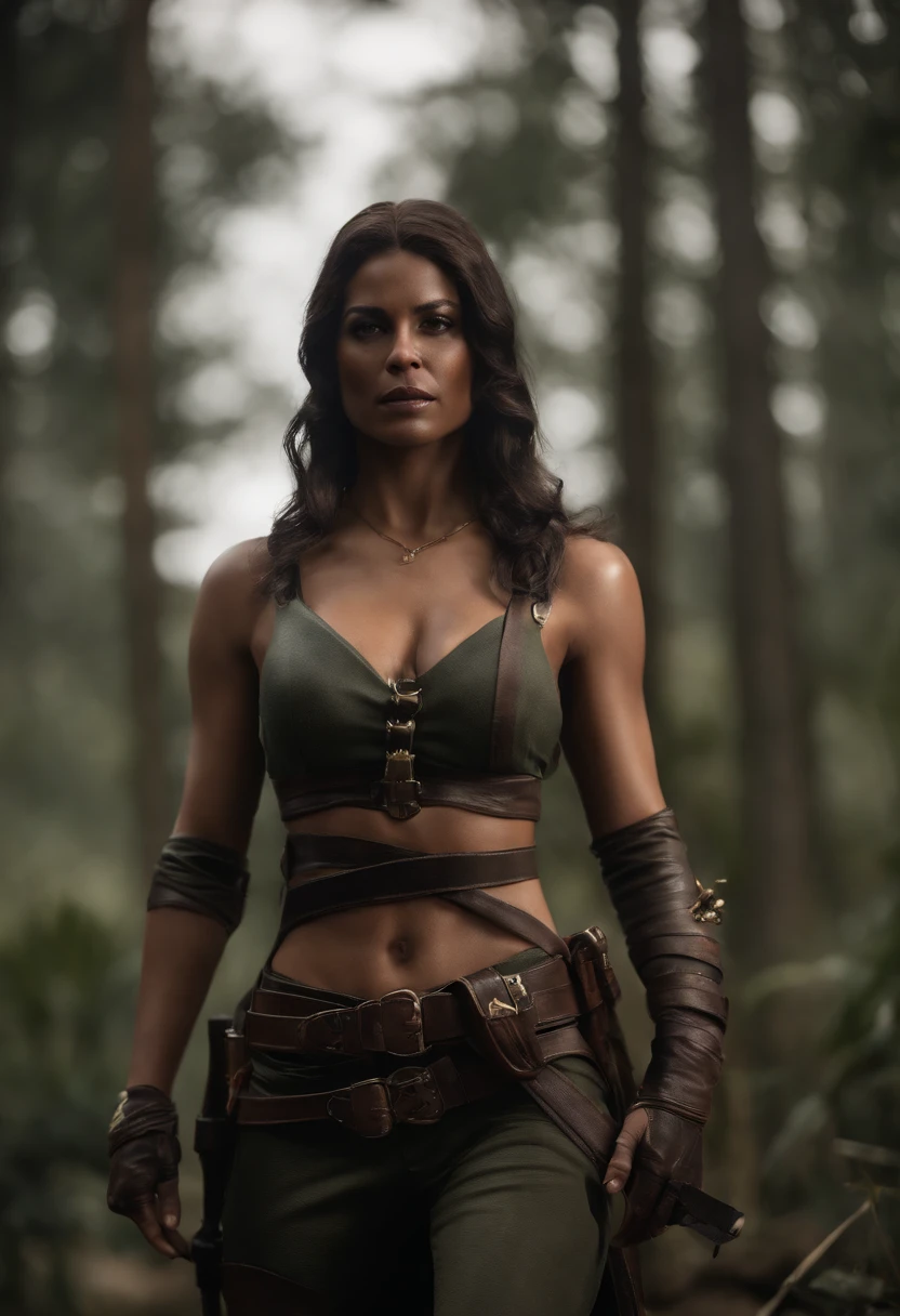 Gere uma imagem detalhada da personagem Mara, also known as 'Mara Death Dealer', do jogo Call of Duty: Guerra moderna. Describe its appearance, corpo inteiro, fisionomia cruel, micro bikini, na praia, sol poente, palmeiras, corpo escultural, flowing hair, [Equipamentos de ouro ((metralhadoras, Granadas, Accessories))], personalidade cruel