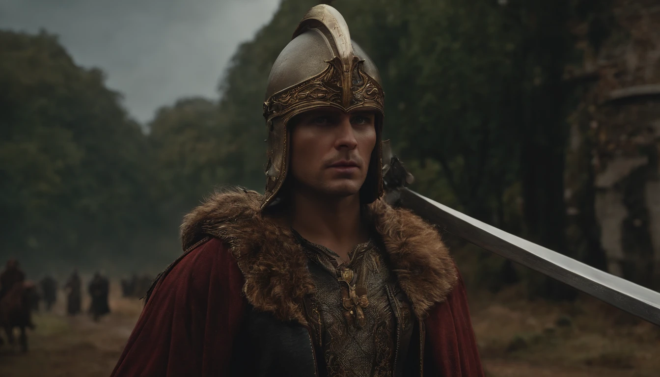 Realistic, 4k, cinemactic, um anjo com grandes asas nas costas, roupas pretas, uma espada, a hood on the head in the background image of the war (caos), master part