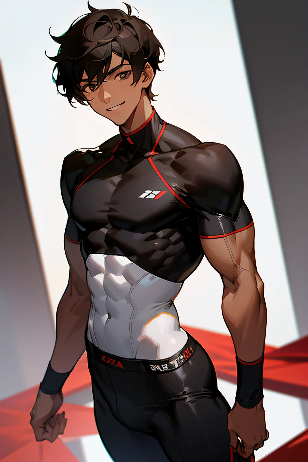 A young man of 22 years old, light dark skin, short black hair, dark brown eyes, short body height and slin-muscle body, clothes sportive clothes, facial expresion smiling, SFW