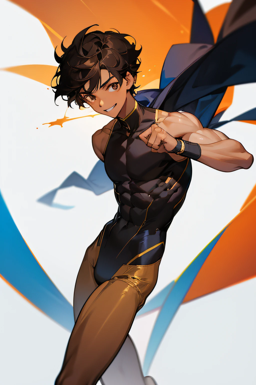 A young man of 22 years old, light dark skin, short black hair, dark brown eyes, short body height and slin-muscle body, clothes sportive clothes, facial expresion smiling, SFW