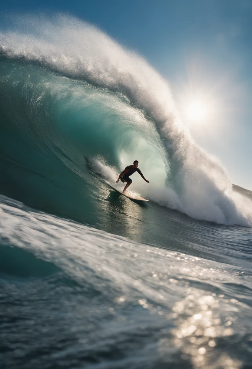 Best Quality, masuter piece, 超A high resolution, (Photorealistic:1.4), Raw photo, Professional Lighting, high-level image quality, high-detail, masterpiece、surfer、Big waves、Clear、Sunnyday