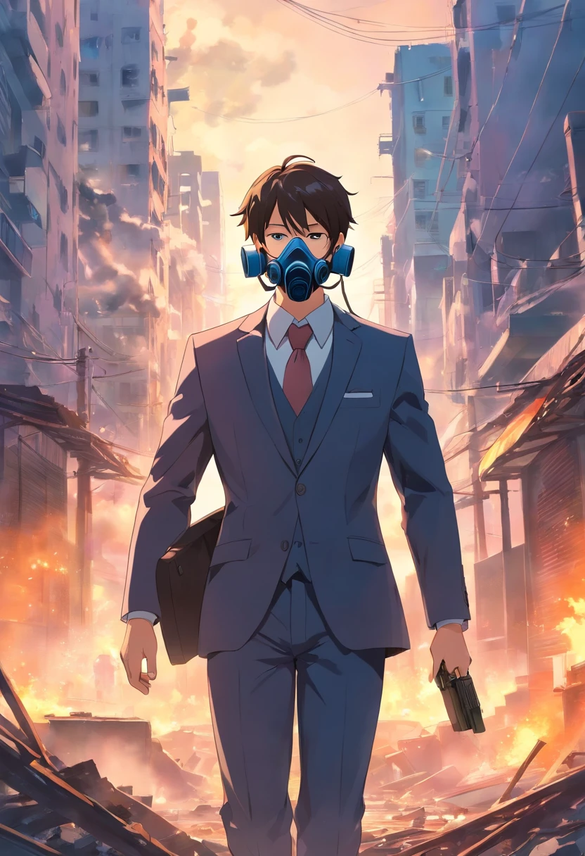 Man in suit and gas mask in destroyed city with toxic gas around