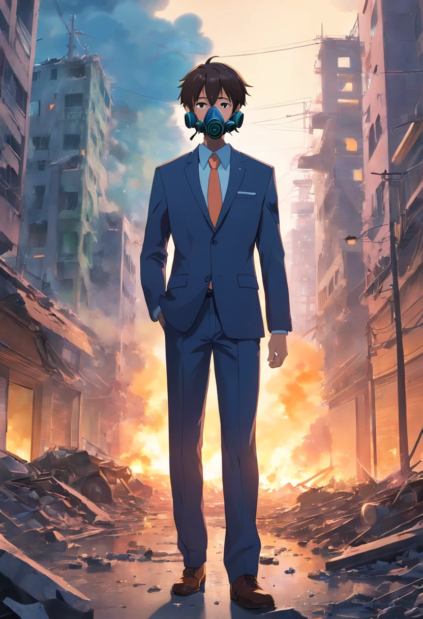 Man in suit and gas mask in destroyed city with toxic gas around