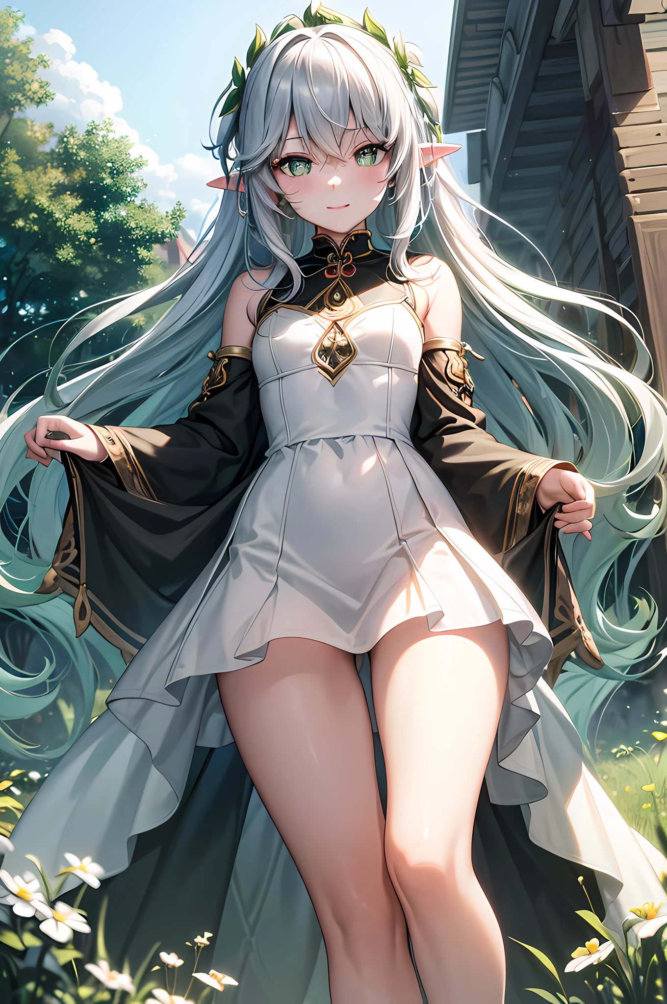 1girl, (angry), white hair, green eyes, ((hourglass figure)), black tights, (from below), looking at viewer, ((thick thighs)), ((pussy)), ((lingerie)), ((black lingerie)), ((naked breasts)), (nipples)