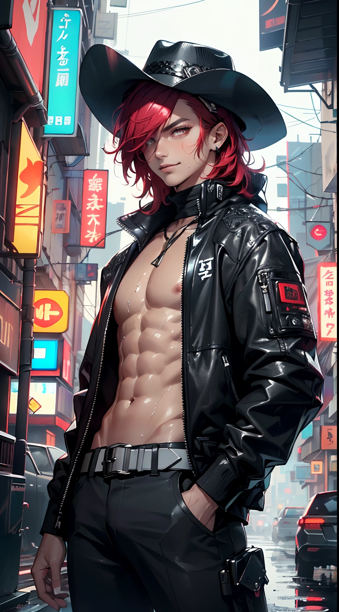 man:1.5,1 man,cyberpunk gunslinger,(((1man))),((man with messy red hair))),
(((1male,man:1.5,handsome man,male,male gender:1.5,male focus))),macho man,
((messy red hair,dark_red_hair,detailed hair,highly detailed hair,red hair,hair over one eye:1.2,dyed interior hair,colored inner hair)),(((lustrous skin:1.5,tanned skin,bright skin: 1.5,skin tanned,shiny skin,very shiny skin,shiny body,illuminated skin))),(((dark_red_eyes:1.2))),intricate eyes,beautiful detailed eyes,symmetrical eyes,((man chest)),handsome face,((muscular)),(((detailed face))),
alluring look,nsfw,
(((bare chest))),dark pants,((bulge in pants)),((gunfighter outfit, (cyberpunk cowboy_hat:1.2))),(wearing a gunfighter outfit:1.3,gunslinger clothes),(cyberpunk gun holster,belt),((wet clothes,intricate outfit,intricate clothes)),
(crazy pose:1.0),solo focus,((evil smile,evil look)),(centered,scale to fit dimensions,Rule of thirds),
cyberpunk city by the ocean at night, with bright neon signs and dark stormy clouds and puddles, scenery:1.25,
highres, sharp focus, (ultra detailed, extremely detailed), (photorealistic artwork:1.37),(extremely detailed CG unity 8k wallpaper),((synthwave background theme)),(((vibrant colors))),(intricate background),(masterpiece),(best quality),
