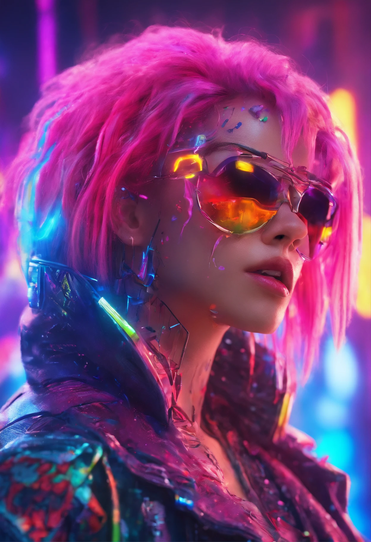 {{masterpiece}}, best quality, extremely detailed CG unity 8k wallpaper, cinematic lighting, lens flare, beautiful detail eyes, black,  side glance,  multicolor hair, colorful light, particles, heterochromia, (colorful:1.5), (colorful hair:1.5),