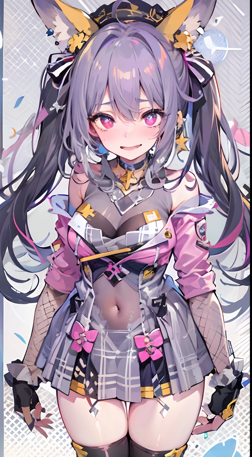 masterpiece, of the highest quality, Highly detailed,The best shading、
Beautiful anime face and eyes, full body Esbian, Standing, Good posture,、Hold up your little finger、Glowing skin, ear piercings,Shorthair,Side tail、Bangs that hide the eyes、Cool Face、Petite、Hanging、Animal ears、
Gold Hair Color, Hairpin,(A smile:0.8),(embarrassed from:1.1)、Purple eye color、Hanging、normal hands, Colossal tits, Ring-shaped bangle on left hand, Choker,hair pin、Thin ribbon、
Idol jacket、Tube Top Shirt、plaid pleated skirt、fishnet tights、Navel、clothes shiny、Ring overhead、
Night, fullmoon, starrysky、Scattered light particles, Blurry background image,