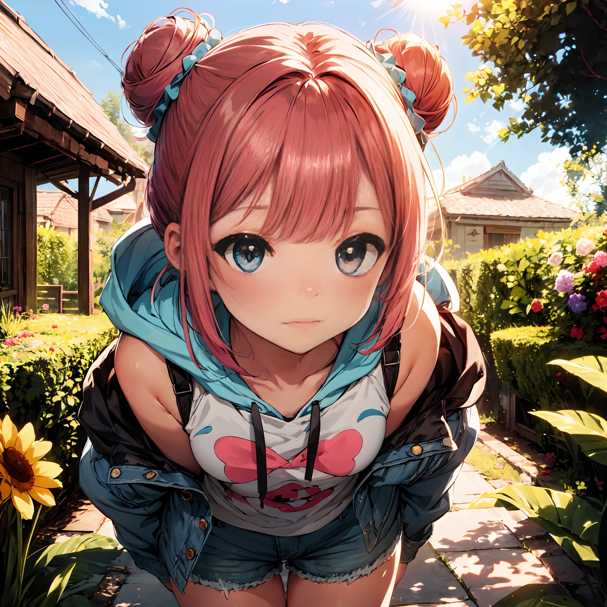 (best anime 4k konachan wallpaper, clean detailed anime art,masutepiece), (Best Quality), (Super Detail), (Best Illustration), (Best Shadow), POV, Realistic lighting and shading, Natural light, Lens flare effect, BREAK, 1 Beautiful 7 Year Old Girl, Solo,(kawaii:2.0),(Chibi:0.8), (kawaii:1.5),(Lori:2.0), BREAK, (Red hair, short-hair:1.2),(2 hair buns,Blunt bangs:1.3),{Heterochromia,pale blue eyes,pale green eyes, Eye Highlights,The first hyperfine stars:1.5}, star eye silhouette, (long eyelashes, Double eyelids:1.2), (de pele branca),BREAK,(wearing hat,Sleeveless Hoodie:1.2), (Denim shorts:1.2), (Red shoes:1.0),BREAK, trolling, Lavender fields, (fragrant:1.2), Summer, Purple, Calming, warm breeze, painting-like, Yes, Nature,Super close to the chest