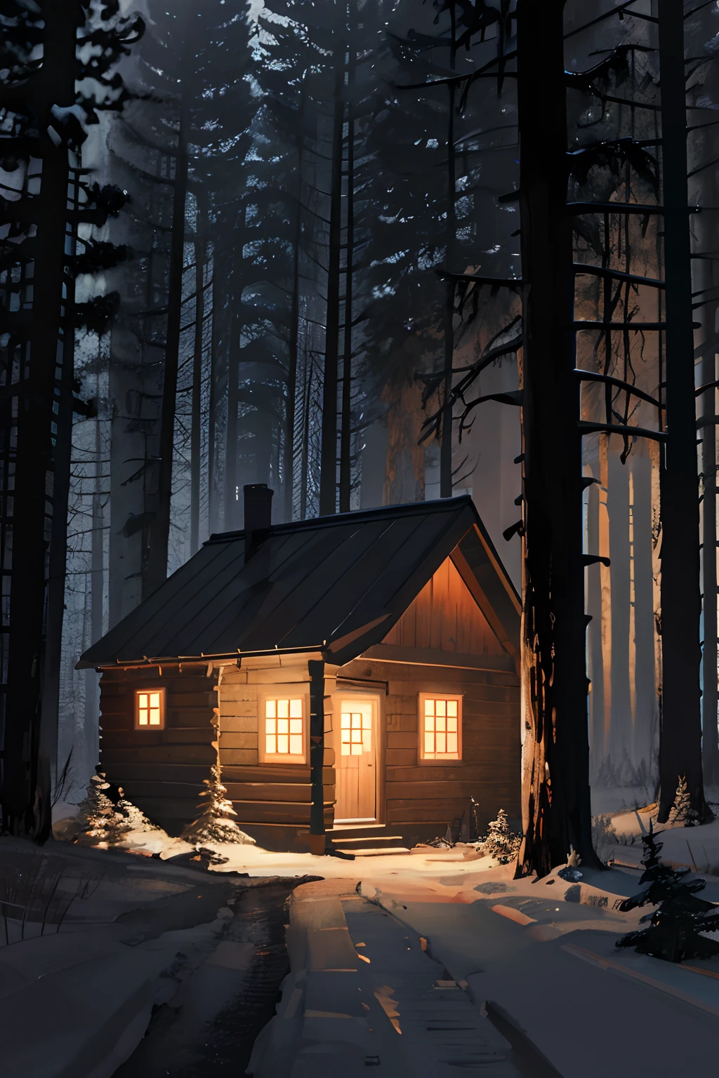 Generate an image of a cabin in the middle of a dark forest at night. Focus on the cabin and emphasize the door as the central point of the image. The cabin should appear old and eerie, incorporating typical elements of a horror movie setting, without specific seasonal features.