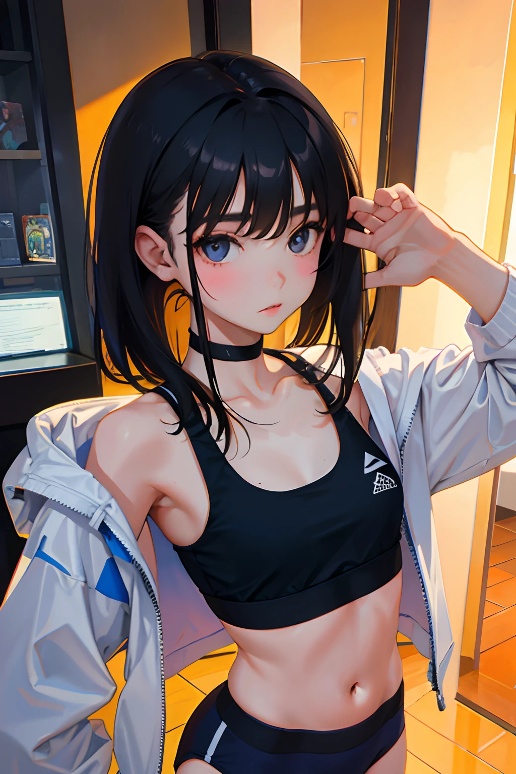 1girl, solo, long hair, looking at viewer, shirt, black hair, sitting, shoes, sleeveless, pants, medium hair, black eyes, black shirt, sleeveless shirt, ground vehicle, yellow pants, orange pants, washing machine