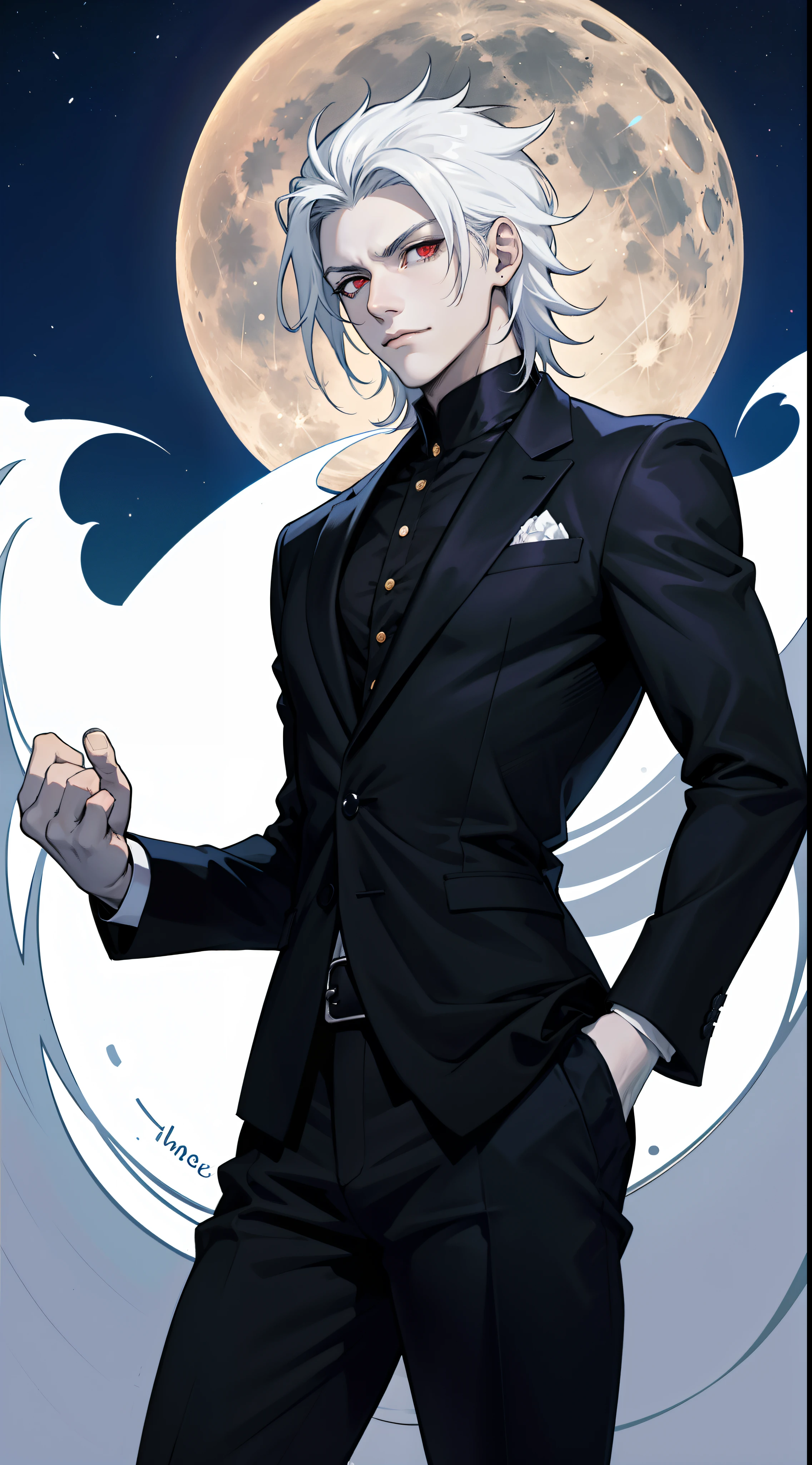 With a graceful stance, a male vampire poses for his portrait. His anime-style appearance is enhanced by his long, white hair and striking red eyes. He wears a tailored suit, adding a touch of sophistication to his pale white skin. The full moon shines brightly in the background, adding a touch of mystery to the image.