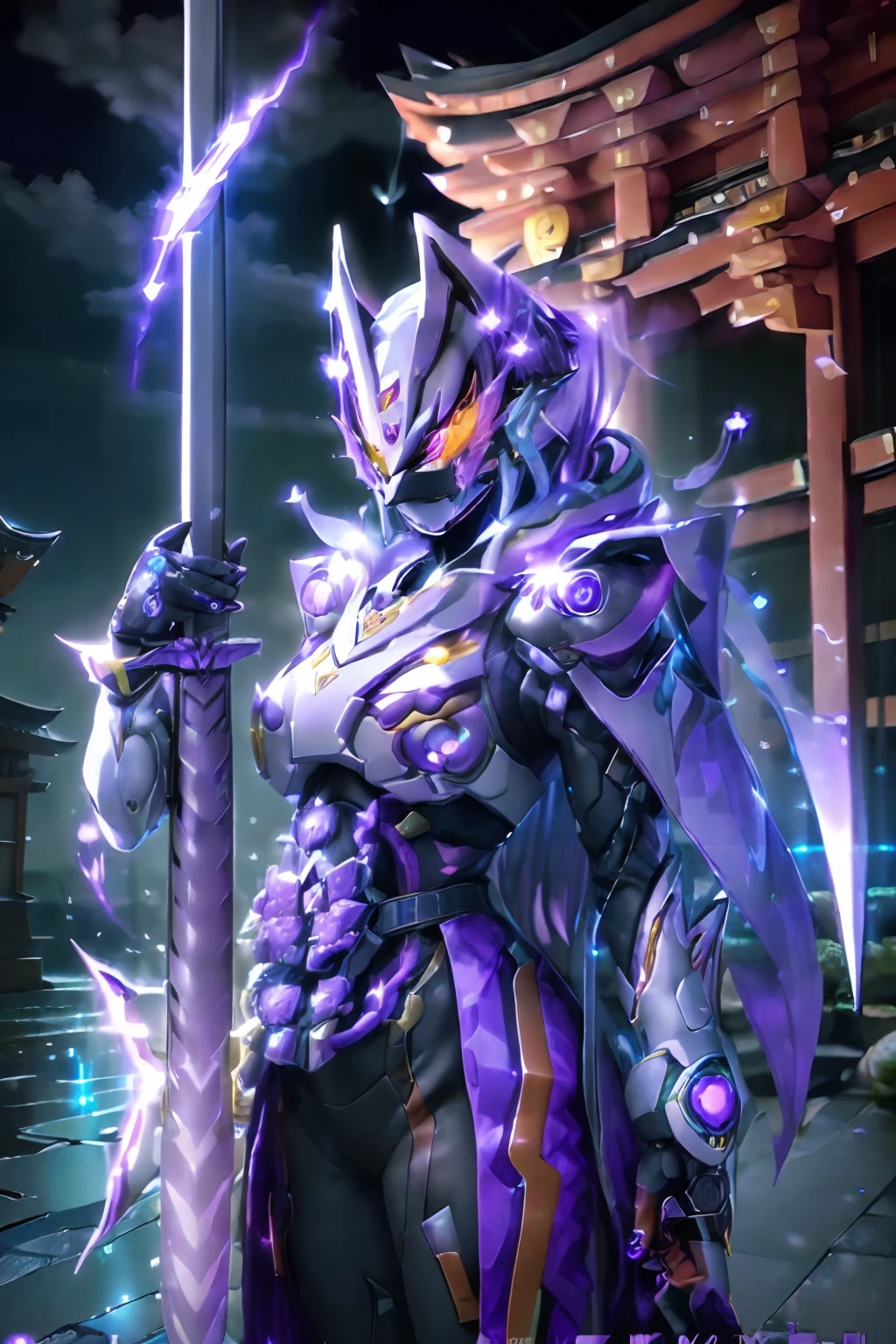 (Black and purple mask suit、Full body、Eyes are purple:1.7)1girl in(slenderbody、Colossal tits、Long silver hair:1.5)Hair that flutters in the wind、(Cyber Samurai.1 Model pose with a long Japan sword in one hand:1.7)Background of Cyberpunk 2077,  Raw photo, Highest Quality, masutepiece, high-definition RAW color photography, professional photograpy, the Extremely Detailed CG Unity 8K Wallpapers, Photorealism, hight resolution, hyperdetails, Photorealistic, Best Quality, extremely delicate and beautiful illustration, Perfect Anatomy, Detailed eyes, (Eyes half closed),  beautiful detailed background,neon trim、(dynamic ungle:1.2)(BREAK)(Cyber Zipangu,Kyoto image、Old temple、Sateen、lightning bolt:1.5)Cinematic Light,