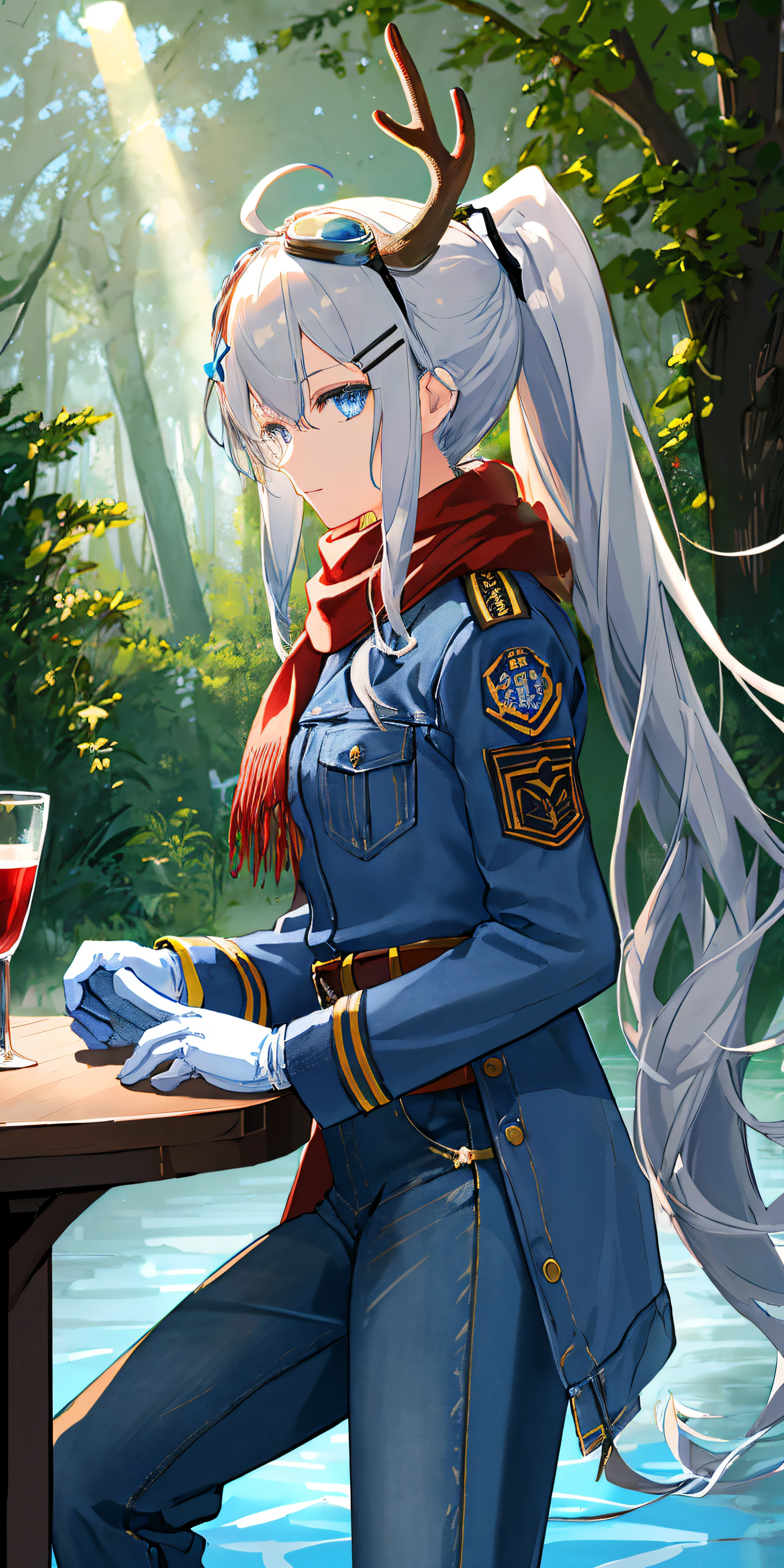 1girl, anime,adult, blue and grey hair,blue eyes, hairclip,bangs, antlers,ponytail, ahoge, hair flower,red scarf,star, (denim military uniform:1.4),bule denim,(denim coat with pocket),beautiful detailed coat,(loose and long trousers), thin, tall,high-waist belt,brown belt,cowboy western, fine fabric emphasis, ray tracing, colored inner hair,sunlight,unreal engine,masterpiece, best quality,blue top,elbow pads, hatching(texture), textured skin, super detail,goggles on head,thick clothes,soil,gloves,stereograph,brown belt,butterflies,beautiful detailed water,water,forest,(sitting on chair),(from side),