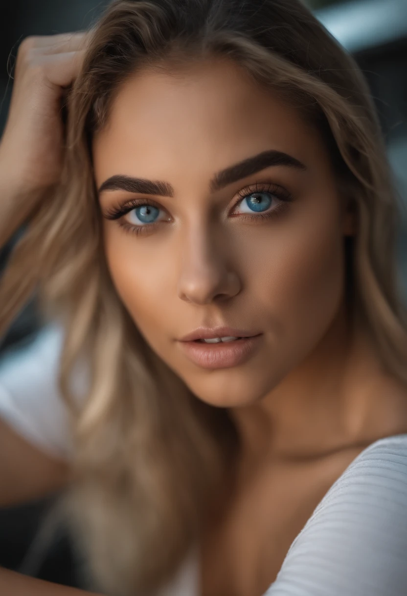 Mujer rubia con camiseta sin mangas y falda a juego posando en un club nocturno, Chica sexy con ojos azules, Retrato Sophie Mudd, Fondo borroso, La mejor calidad, 1girl, Retrato de Corinna Kopf, cabello rubio y ojos grandes, selfie de una mujer joven, Maquillaje OHNE, Maquillaje natural, looks directly at camera, Cara con Artgram, dezentes Maquillaje, Gran foto de cuerpo entero, in the room, senos grandes, rubio, latina