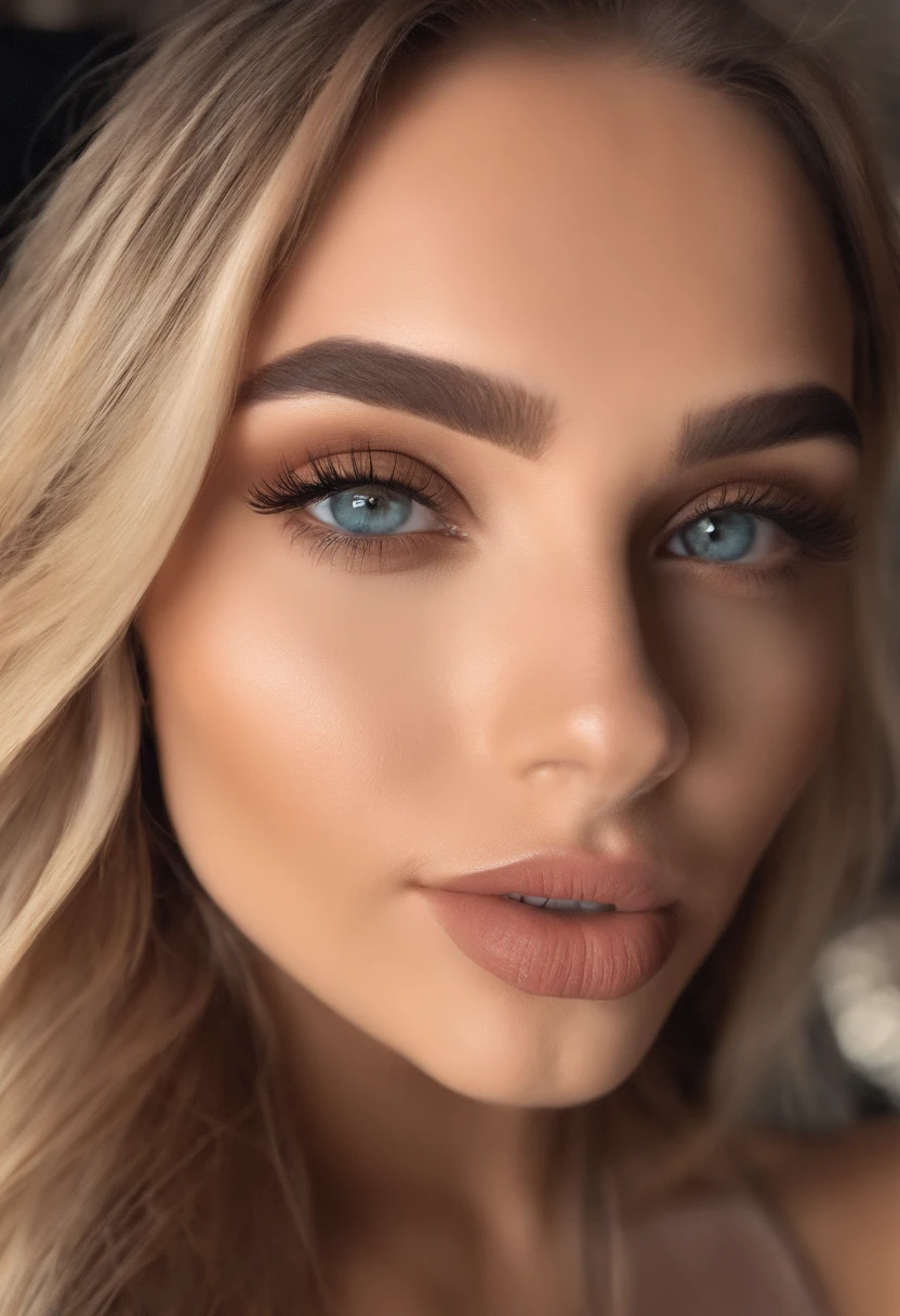 Mujer rubia con camiseta sin mangas y falda a juego posando en un club nocturno, Chica sexy con ojos azules, Retrato Sophie Mudd, Fondo borroso, La mejor calidad, 1girl, Retrato de Corinna Kopf, cabello rubio y ojos grandes, selfie de una mujer joven, Maquillaje OHNE, Maquillaje natural, looks directly at camera, Cara con Artgram, dezentes Maquillaje, Gran foto de cuerpo entero, in the room, senos grandes, rubio, latina