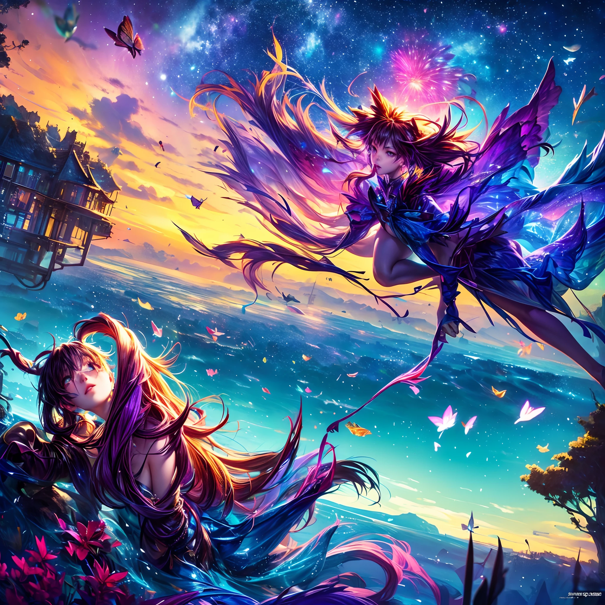 High Definition Complex Concept Art Trend Art Station 8K, by makoto shinkai, Stanley Artgerm Lau, wlop, rossdraws, Describes a scene with a cute girl character, Grassy butterflies, Lying on the water and jumping around, Looking up at the starry sky. Surround her with colorful nebulae and her favorite constellations.