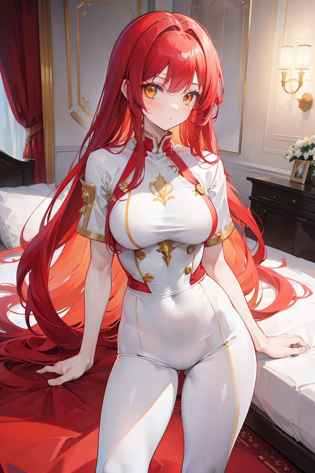anime girl, long red hair, beautiful yellow/golden eyes, mature, tall, wearing a skintight red top with white pants, good anatomy, standing in a royal bedroom, 8k, high resolution
