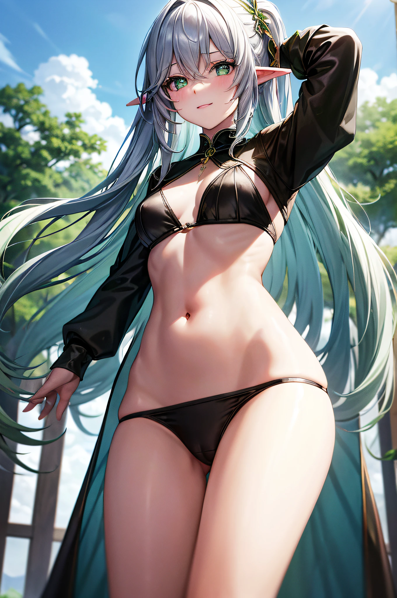 The elf stands and looks at the camera, A girl stands at a fair, green eyes and white hair, The wind lifts the skirt, You can see the underpants, blue skies, Beautiful clear blue sky, green hairpins in the hair, skinny waist, Slender figure, Appearance of the model, confusion, sexuality, nahida, pixie, elf ears, Beautiful ears, green colored eyes, People's casual clothes, black clothing, pantyhouse, black tights, little chest, You can see the, Upskirt, black clothing, White underpants, Elf Girl, Sweet girl, attractive anime girl, beautiful anime girl, Cute beautiful anime woman, detailed digital anime art, beautiful anime girl, beautiful anime girl, Anime with small details, Best Quality, Masterpiece, Ultra-detailed, Beautiful, hight resolution, Original,CG 8K ультрареалистичный, perfect artwork, beatiful face, Face Clean, Skin, hyper realistic, Ultra Detailed, A detailed eye, dramatic lighting, (Realistic) Realistic, Full HD, Best Quality, Best Quality, Beautiful lighting, (8k wallpaper of extremely detailed CG unit), High Details, sharp-focus, The art of dramatic and photorealistic painting, beautiful smile, nude, without clothes,