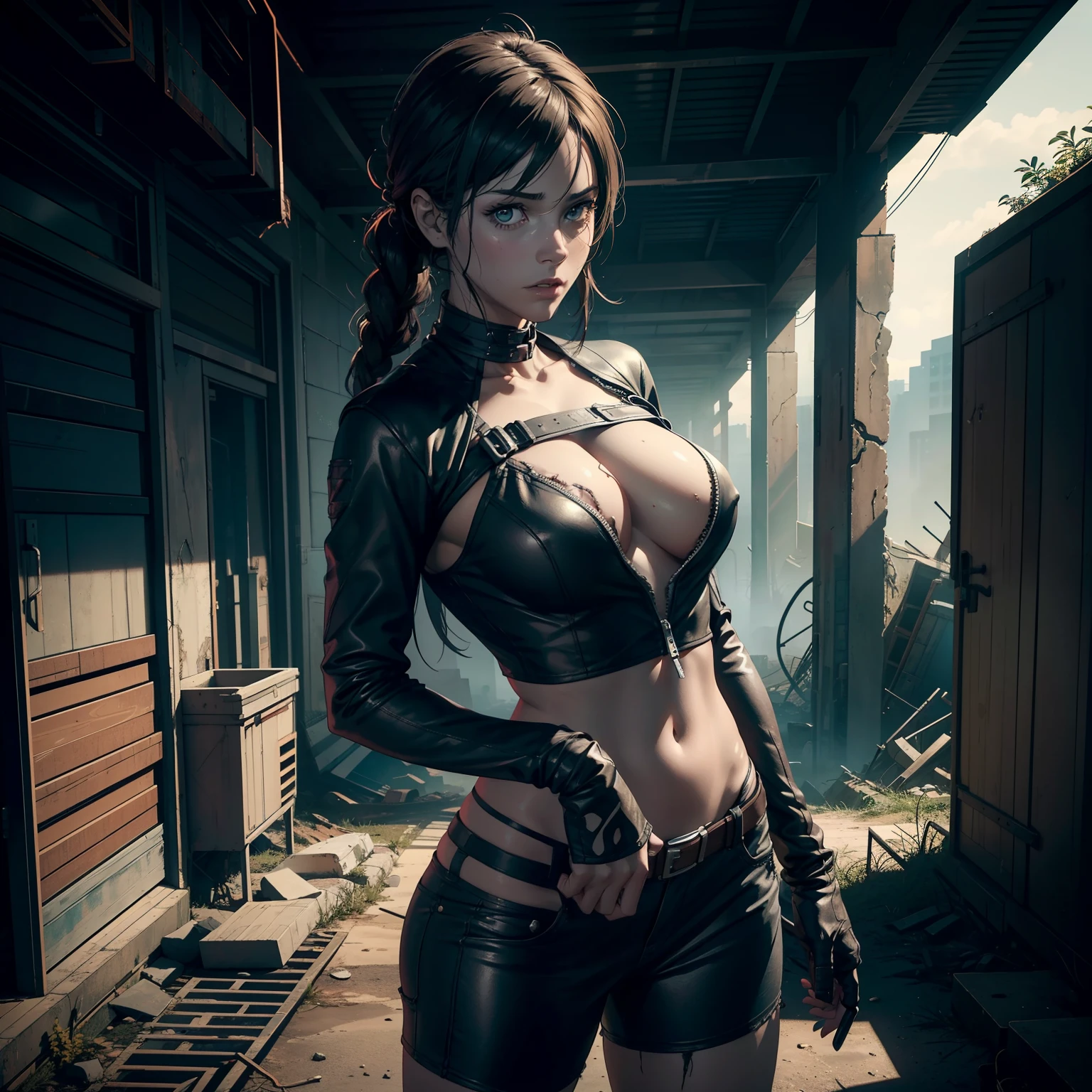 Hyper realistic super detailed sexy woman, Une fille confiante, NSFW, Very detailed, expressions faciales sexy, seductive facial expressions, [:(Face detail: 1.4): 0.4], 16K resolution, 4k resolution, dinamic lighting, High definition resolution, (sexy pose, Position attrayante), (hyper realistic: 1.4), (back light: 1.2), (sun light: 1), (pleine hauteur: 1.8),(contrasting background: 1.5), (Anatomy of the hyperrealistic arm), (Hyperrealistic anatomy of the legs), (peau propre), (lighting cinematic: 1.7), (intime), (Technologie NVIDIA RTX Ray Tracing), (Anatomy of the hyperrealistic arm: 2), (Ventre plat parfait), (image couleur), Create a masterpiece in 4K resolution, ultra-realistic, and extremely detailed, featuring an attractive woman surviving in the post-apocalyptic world of The Walking Dead. The woman is the central character in the artwork, exuding a mix of resilience, strength, and allure as she navigates the dangers of this zombie-infested world.

Despite the harsh environment, the woman maintains an attractive and stylish appearance. She wears rugged yet fashionable post-apocalyptic attire that complements her figure and demonstrates her survival skills. Her hair is still well-kept, and she may have subtle makeup that enhances her natural beauty.

The post-apocalyptic setting is a desolate and gritty landscape, reminiscent of The Walking Dead series. Abandoned buildings, overgrown vegetation, and lurking zombies may be part of the scene. The lighting is moody and atmospheric, emphasizing the challenges of survival.

The woman's actions capture the essence of The Walking Dead - she may be wielding a weapon, scavenging for supplies, or leading a group of survivors. Her posture and body language convey both her strength and vulnerability in a world where danger lurks around every corner.