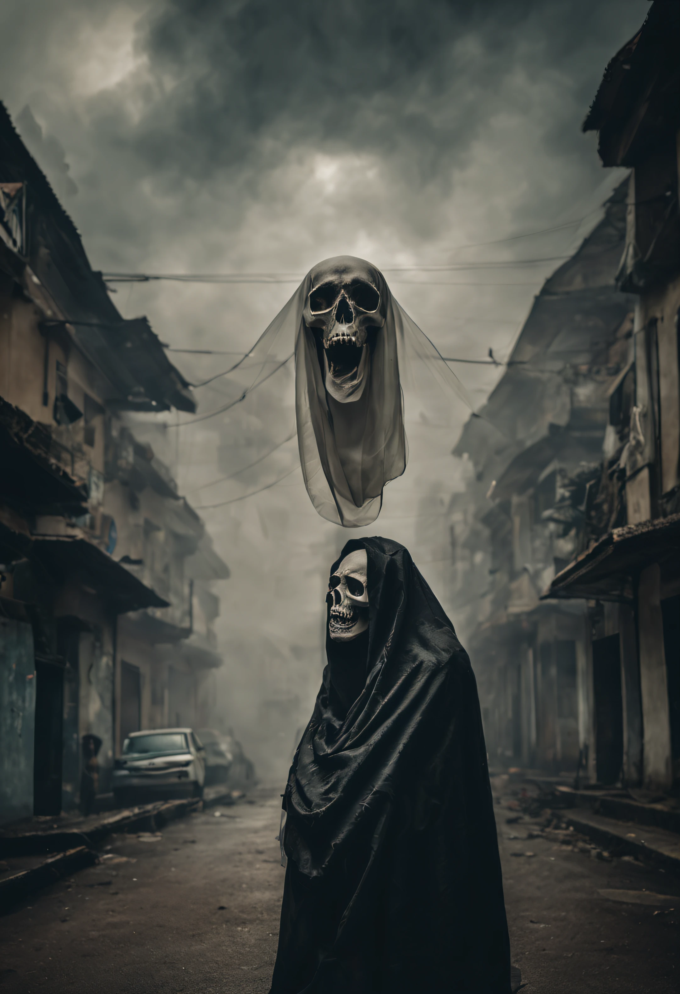 Ghost with skull, with thin silk veil on his skull, hugging each other, Their open jaws staring up at the sky is dark in a city in the interior of Brazil with no one on the street with a mysterious fog around.