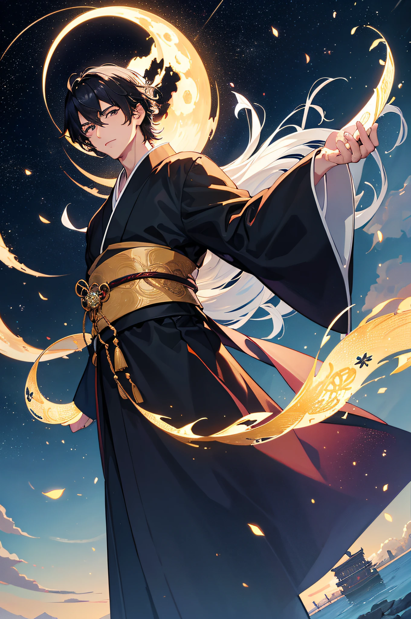 (masterpiece), best quality, ultra-high resolution, ((one man)), ((male)), elegant, japanese God, Tsukuyomi, expressive eyes, perfect face, half body, looking at viewer, dutch angle, cowboy shot, (long black hair), (golden eye color), handsome, night time, crescent moon, (japanese clothing, black blue kimono), hagoromo, seiren, dynamic light, beautiful colors, milky way, hd