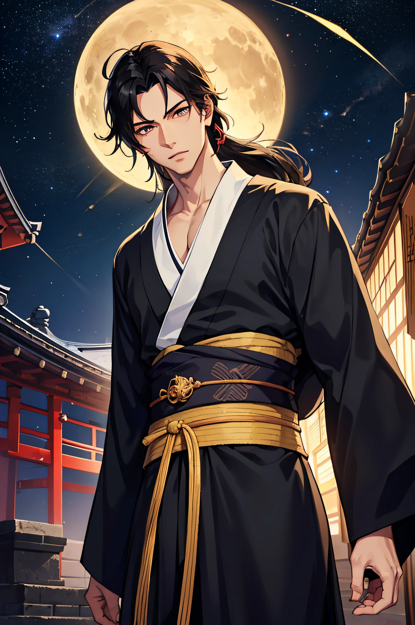 (masterpiece), best quality, ultra-high resolution, ((one man)), ((male)), elegant, japanese God, Tsukuyomi, expressive eyes, perfect face, half body, looking at viewer, dutch angle, cowboy shot, (long black hair), (golden eye color), handsome, night time, crescent moon, (japanese clothing, black blue kimono), hagoromo, seiren, dynamic light, beautiful colors, milky way, hd