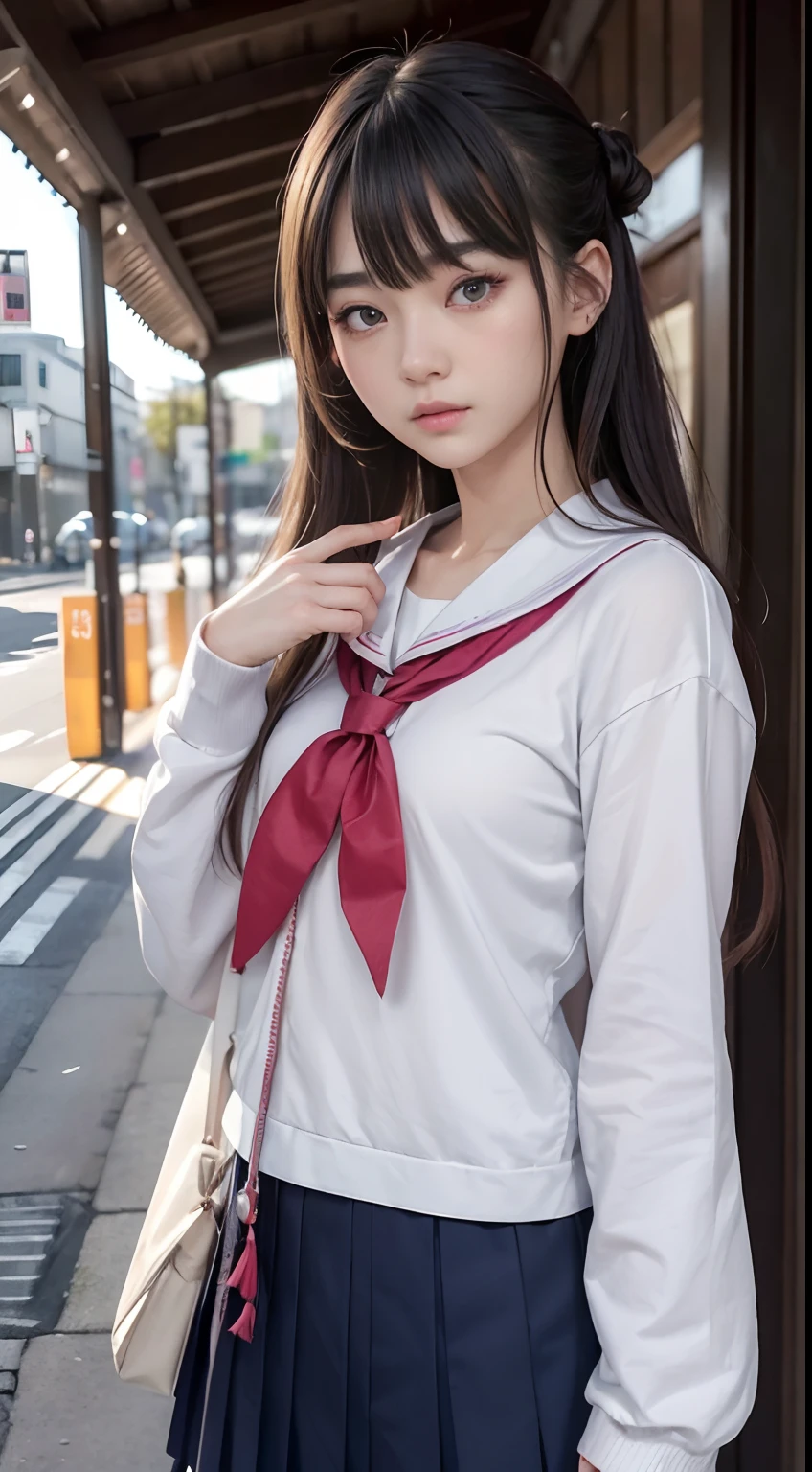 ((unparalleled masterpiece ever、best qualtiy、erfect artwork))、(realisitic, Photorealsitic:1.37)、1girl in、17 age、japanes、cute little、((JK Uniform、serafuku))、((full body seen))、long lashes、heavy eye makeup、Dark eyeshadow、Korean Makeup、Posing、on tokyo street、Soft light、random facial expression、randome pose、Random hair、randam angle、random place、very detailed and professional lighting、finely detail、ultra-detailliert、hight resolution、the Extremely Detailed CG Unity 8K Wallpapers、a beautiful detailed girl、extremely detailed eye and face、beatiful detailed eyes