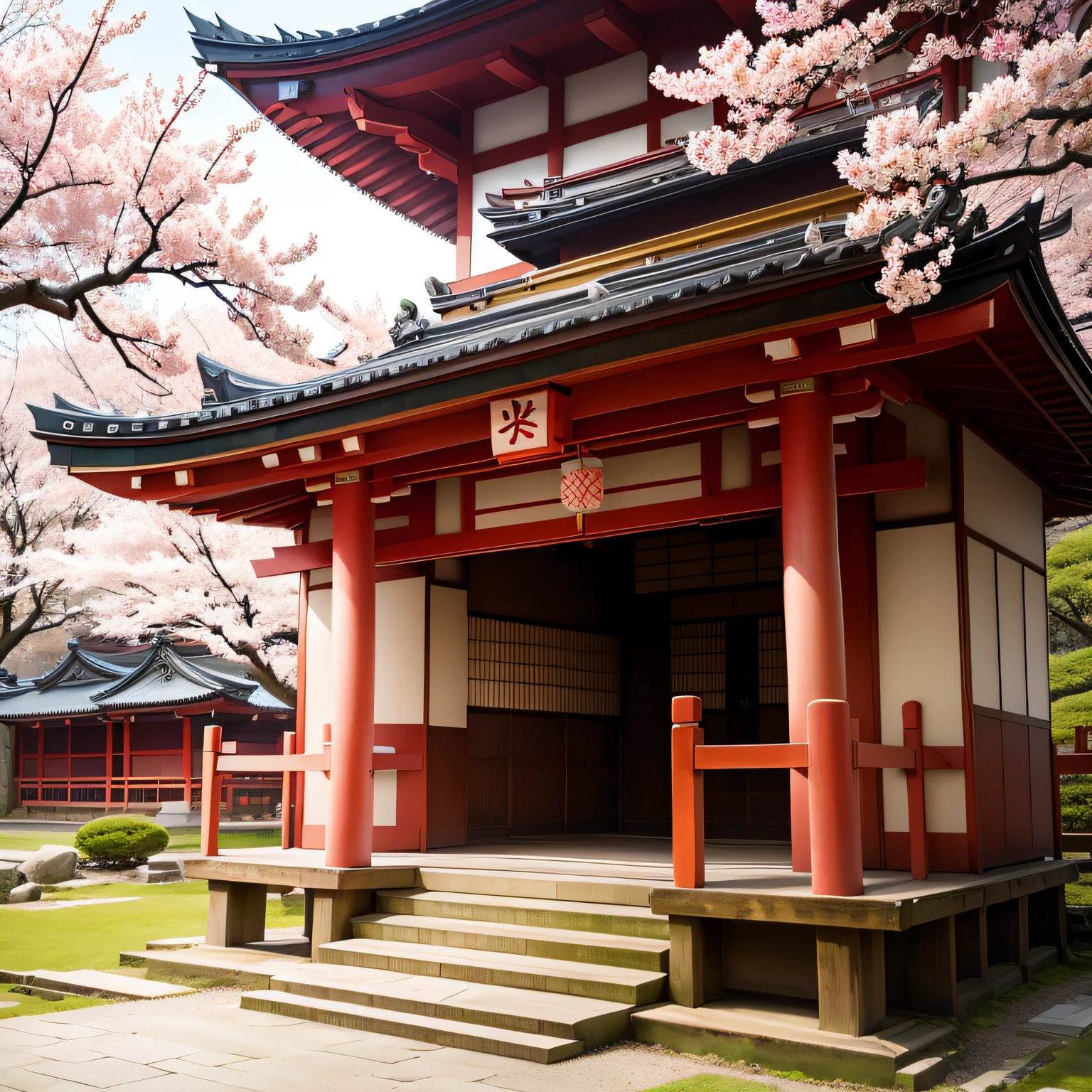 Print, Japanese temple, manga, colorful, sakura, frame, ancient Japan with sakura flowers falling on clear and sunny day.