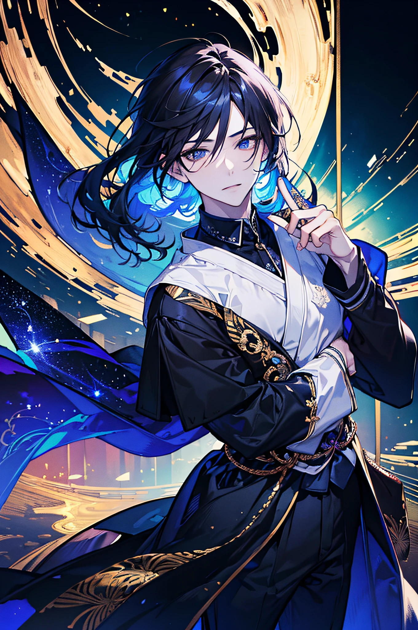 (masterpiece), best quality, ultra-high resolution, ((one man)), ((male)), elegant, japanese God, Tsukuyomi, expressive eyes, perfect face, half body, looking at viewer, dutch angle, cowboy shot, (long black hair), (golden eye color), handsome, night time, crescent moon, (japanese clothing, black blue kimono), hagoromo, seiren, dynamic light, beautiful colors, milky way, hd