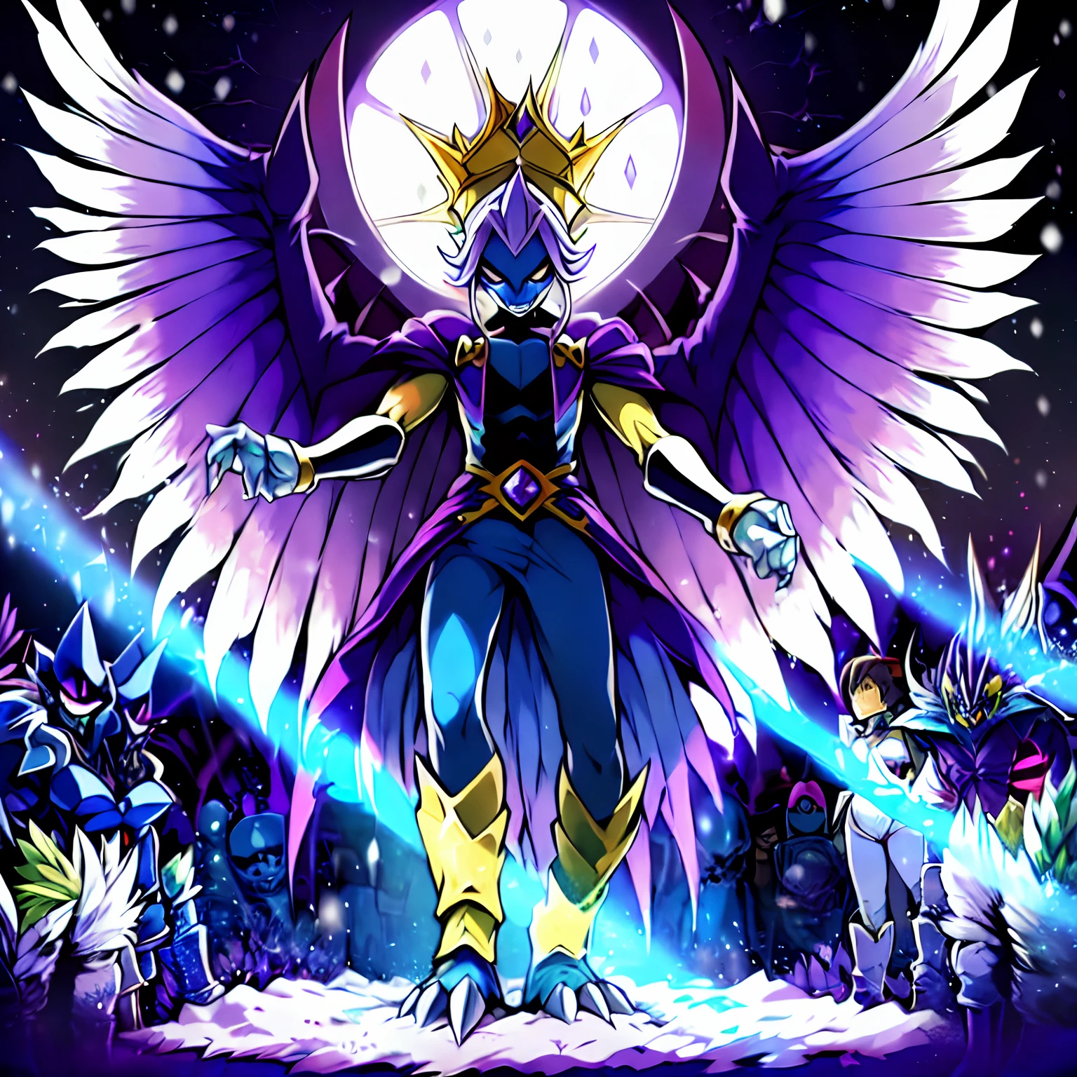 digimon \(creature\),masterpiece, best quality, Beautiful Art Style, 1boy, Solo,young man, ((Vil Schoenheit as a Digimon)), ((Evil queen from Snow White themed )),((Glass Wings)), ((Bird like)),((Purple Skin)),(( Blonde hair with a purple gradient))((White , Purple and Light blue color scheme)), Dynamic pose, Mid transformation sequence , pose(pain , Anguish),